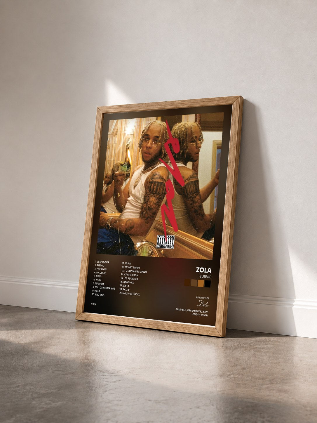 #bois Tableau de l'album Survie de Zola vu de trois quarts, cadre en bois brut
