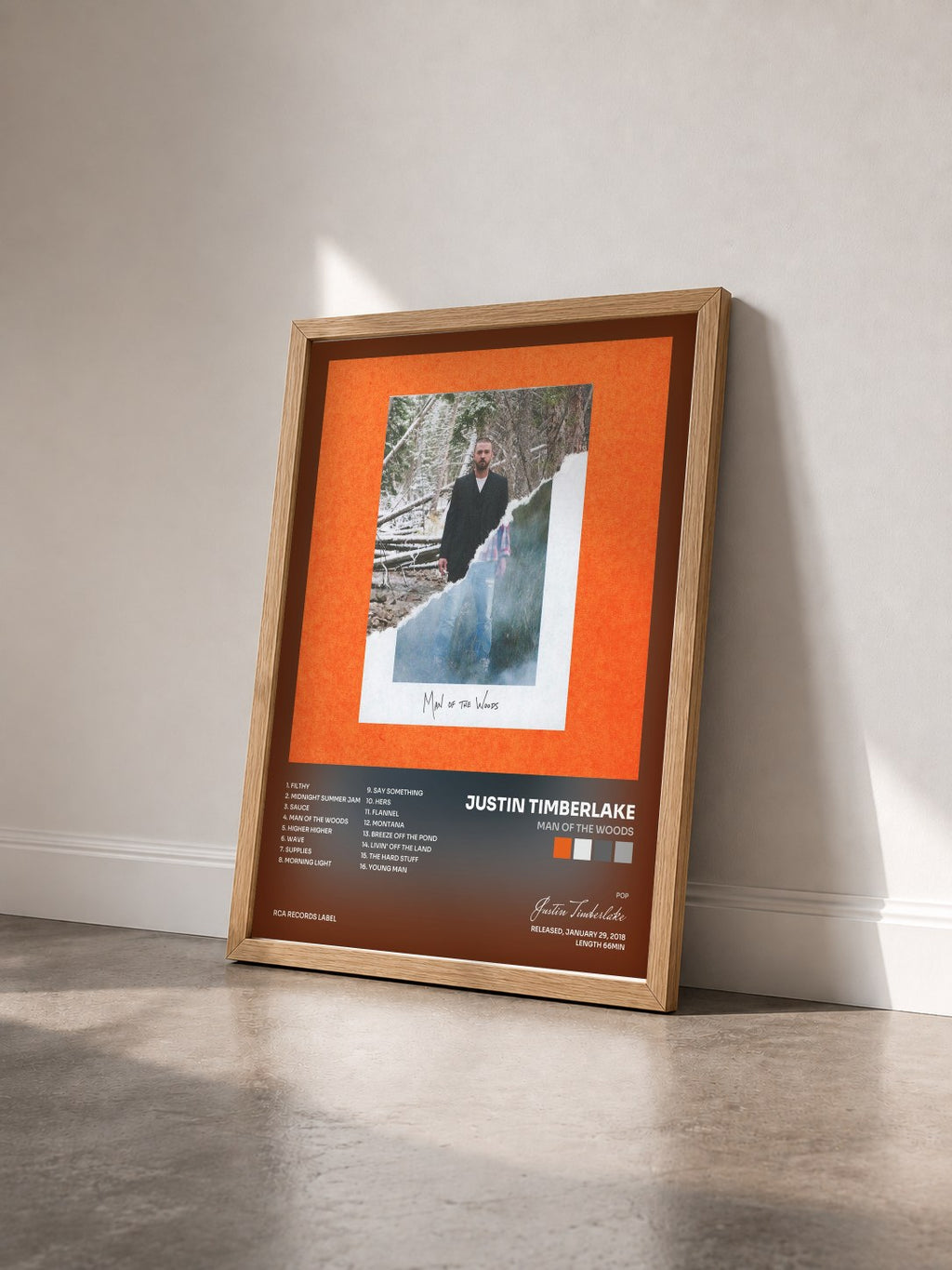 #bois Tableau de l'album Man of the Woods de Justin Timberlake vu de trois quarts, cadre en bois brut