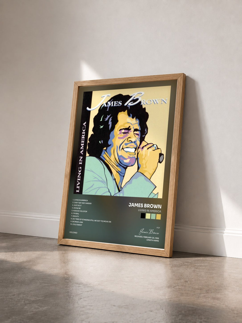 #bois Tableau de l'album Living In America de James Brown vu de trois quarts, cadre en bois brut