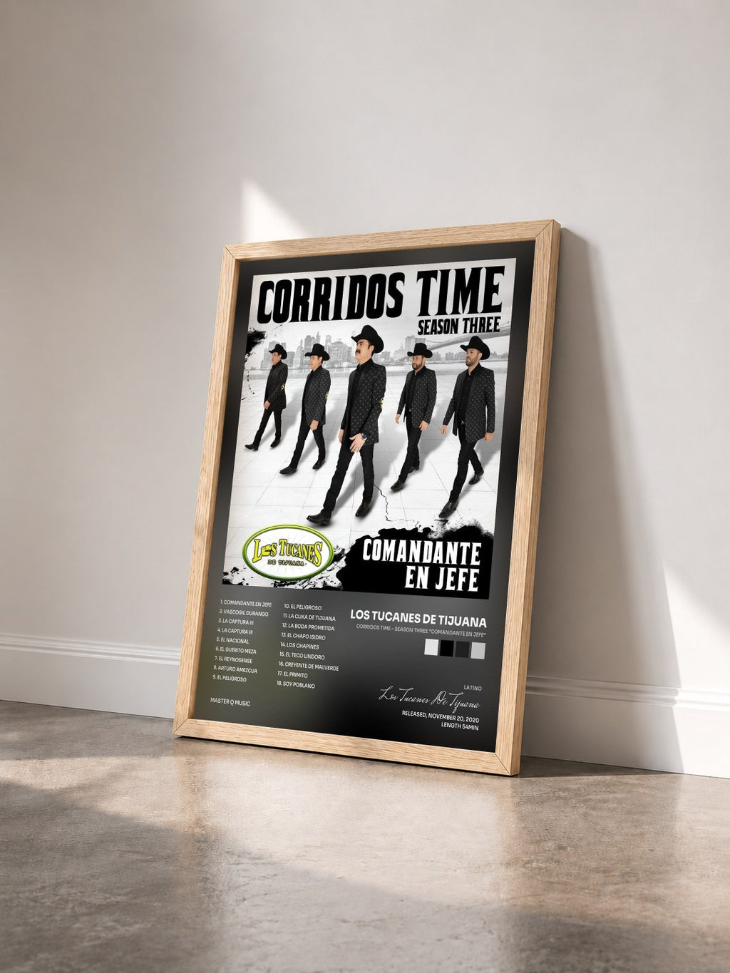 #bois Tableau de l'album Corridos Time – Season Three "Comandante En Jefe" de Los Tucanes De Tijuana vu de trois quarts, cadre en bois brut
