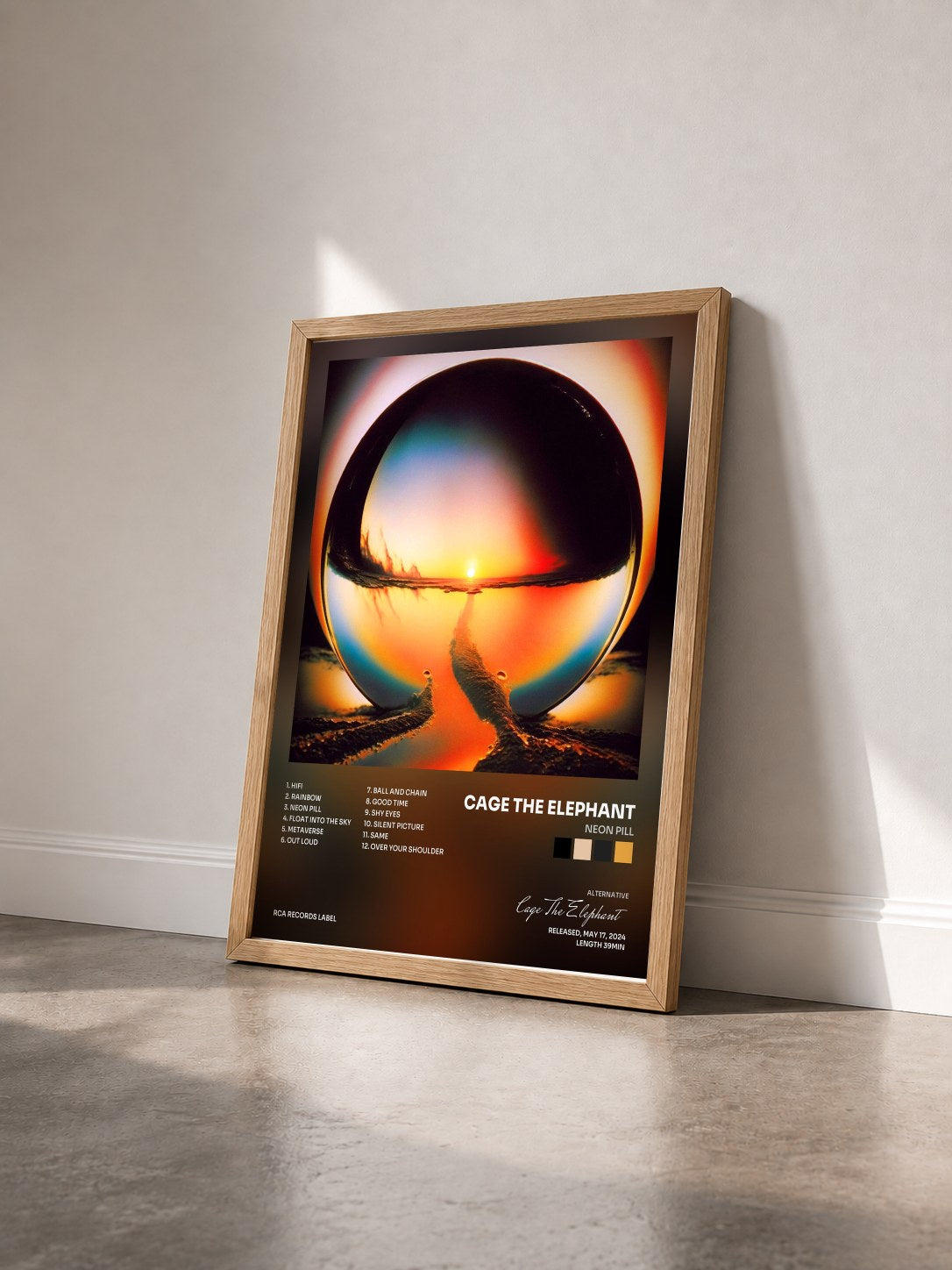 #bois Tableau de l'album Neon Pill de Cage The Elephant vu de trois quarts, cadre en bois brut