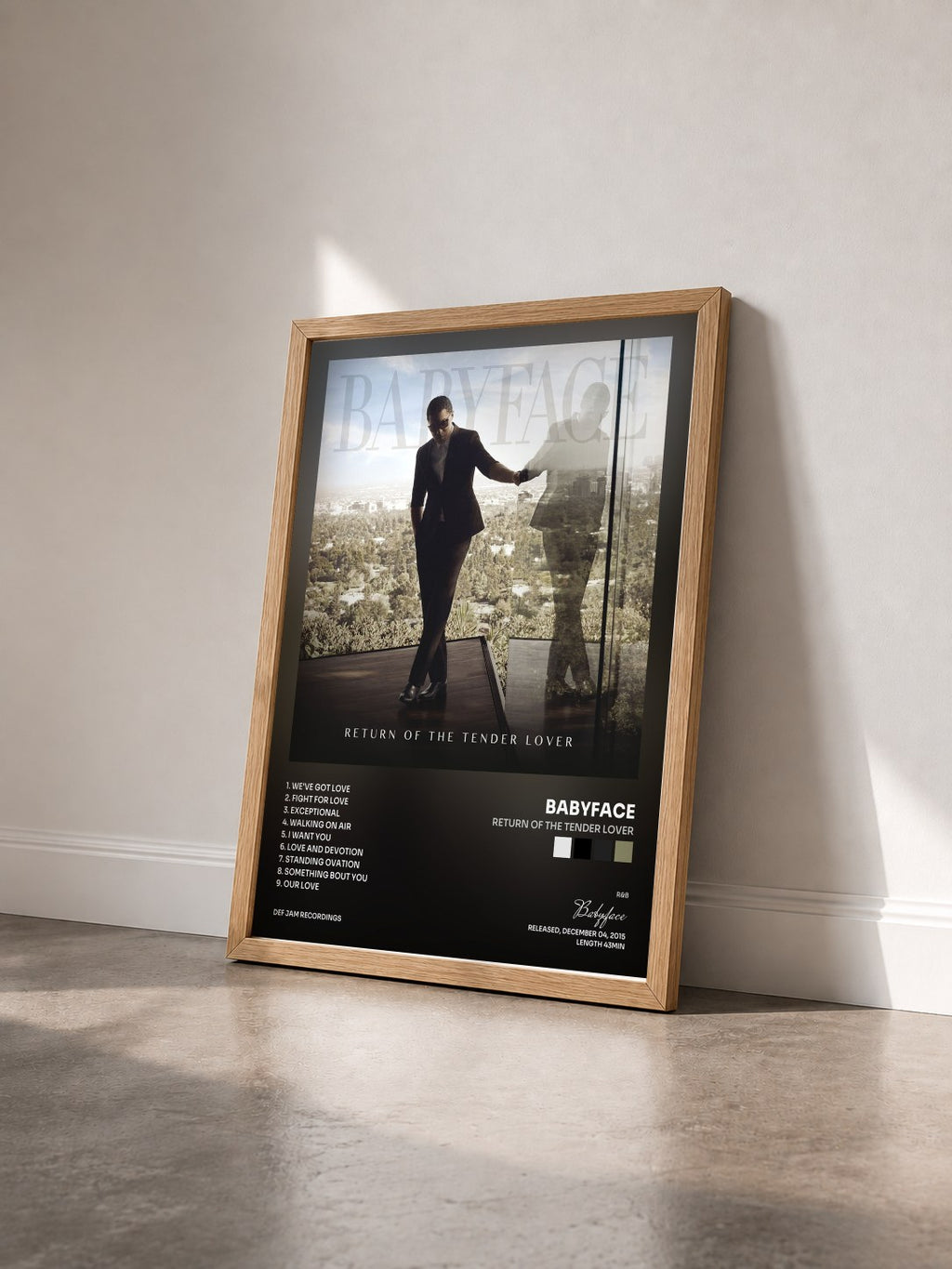 #bois Tableau de l'album Return Of The Tender Lover de Babyface vu de trois quarts, cadre en bois brut