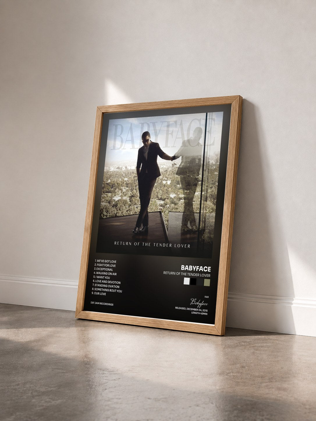 #bois Tableau de l'album Return Of The Tender Lover de Babyface vu de trois quarts, cadre en bois brut