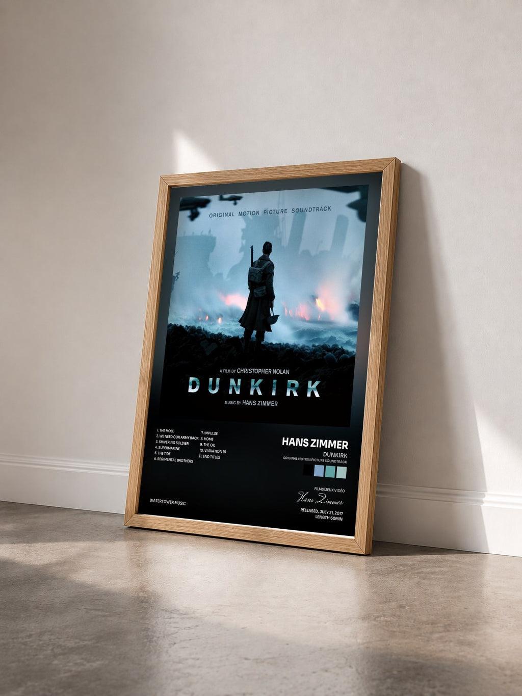 #bois Tableau de l'album Dunkirk (Original Motion Picture Soundtrack) de Hans Zimmer vu de trois quarts, cadre en bois brut