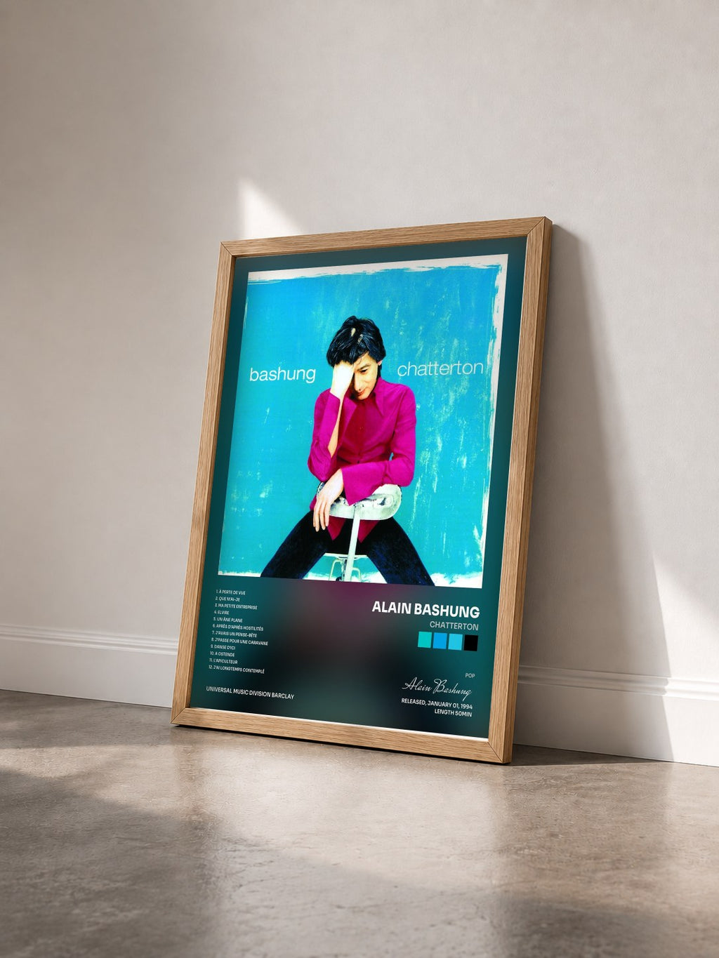 #bois Tableau de l'album Chatterton de Alain Bashung vu de trois quarts, cadre en bois brut
