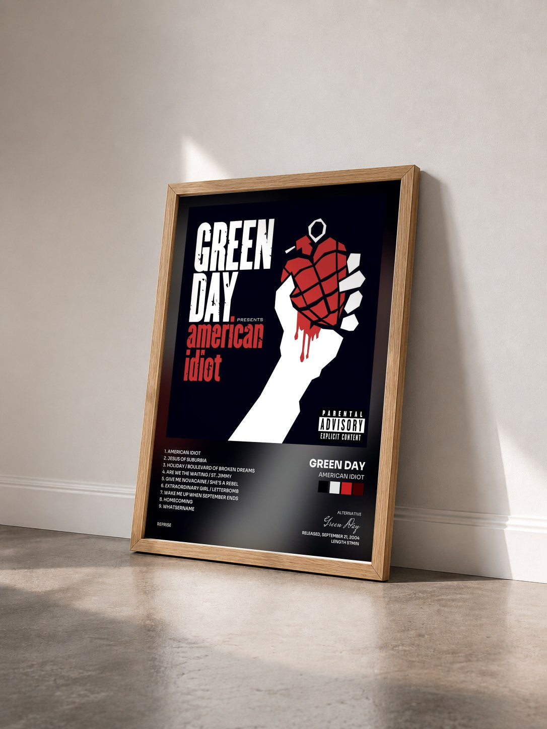 #bois Tableau de l'album American Idiot de Green Day vu de trois quarts, cadre en bois brut