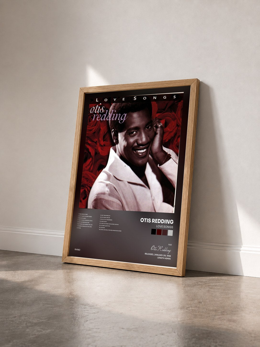 #bois Tableau de l'album Love Songs de Otis Redding vu de trois quarts, cadre en bois brut
