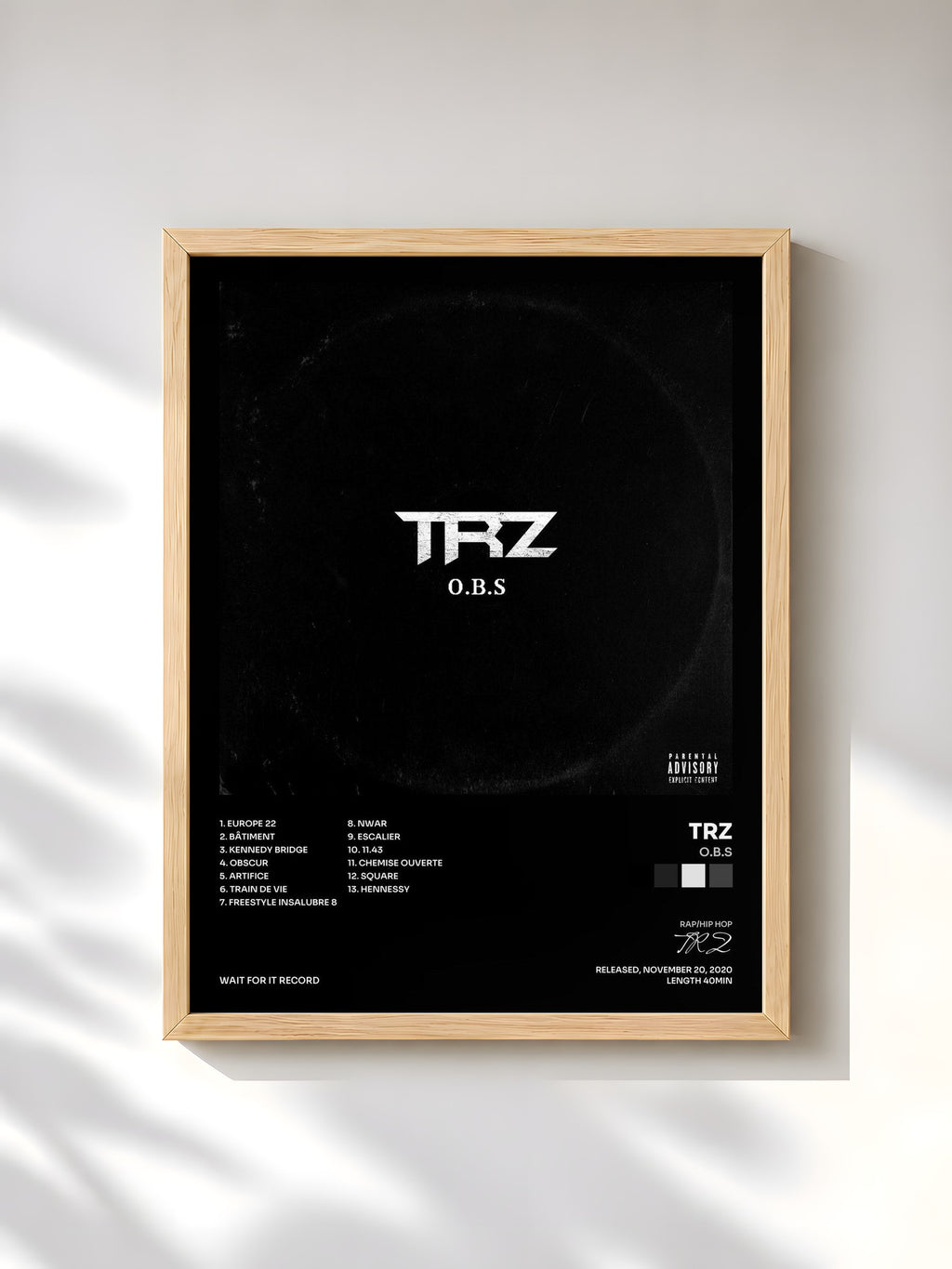 #bois Tableau de l'album O.B.S de TRZ, cadre en bois brut, imprimé et encadré en France