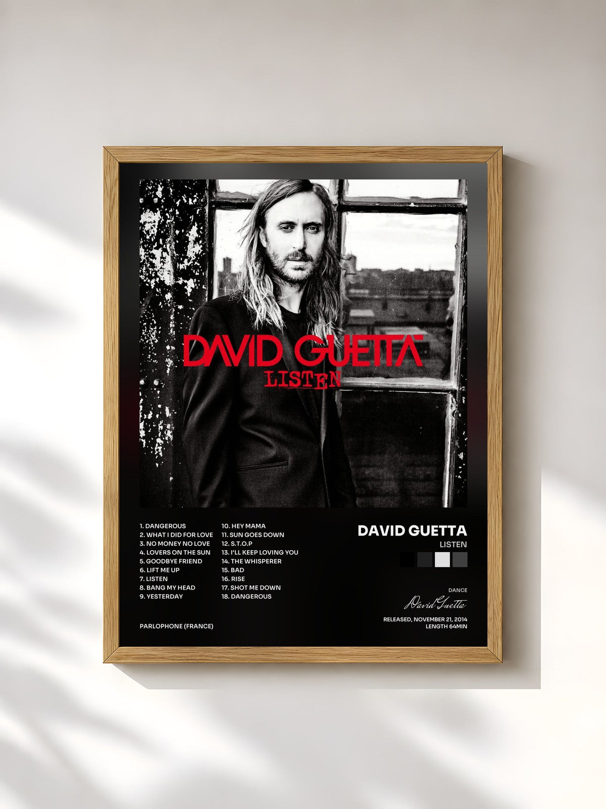 #bois Tableau de l'album Listen de David Guetta, cadre en bois brut, imprimé et encadré en France