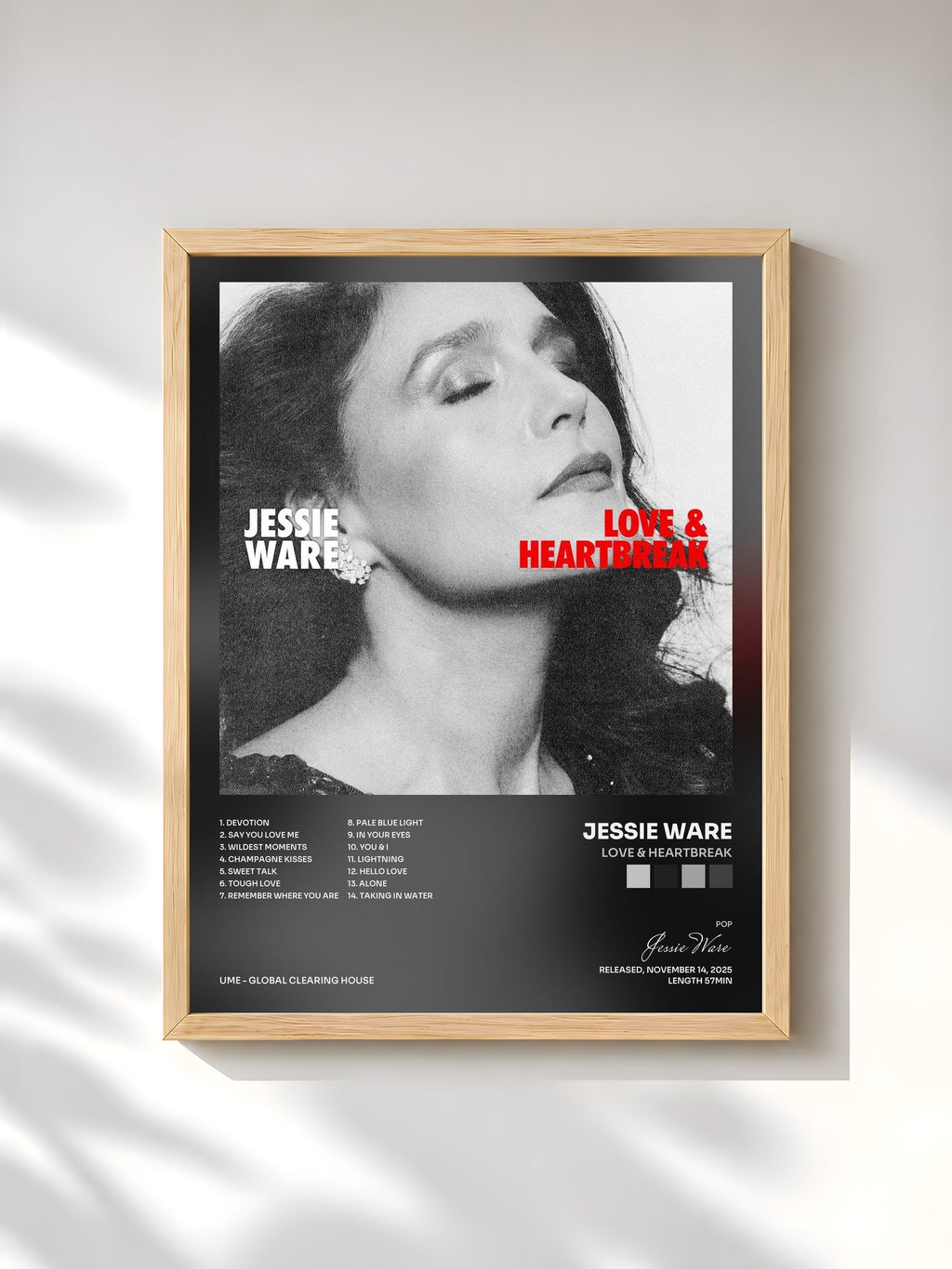 #bois Tableau de l'album Love & Heartbreak de Jessie Ware, cadre en bois brut, imprimé et encadré en France