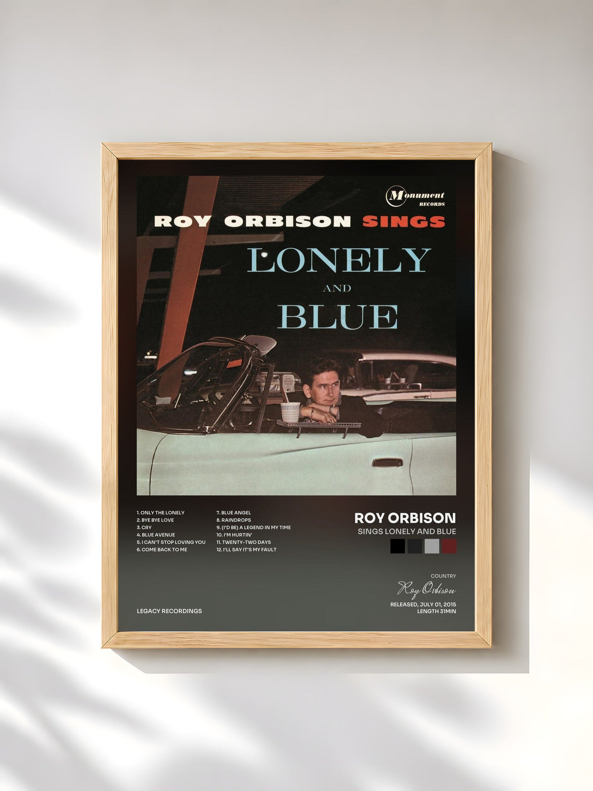 #bois Tableau de l'album Sings Lonely and Blue de Roy Orbison, cadre en bois brut, imprimé et encadré en France