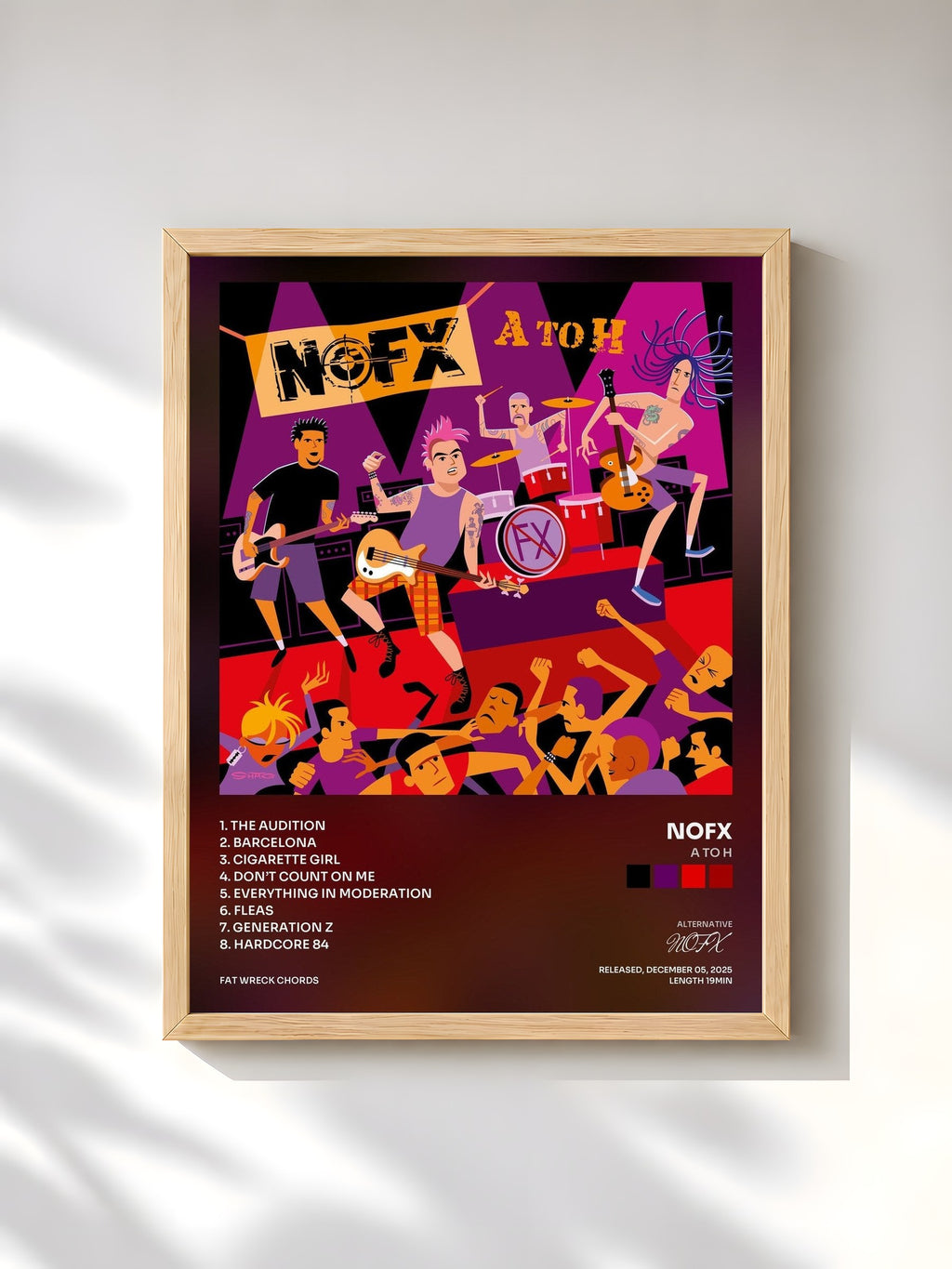 #bois Tableau de l'album A to H de NOFX, cadre en bois brut, imprimé et encadré en France