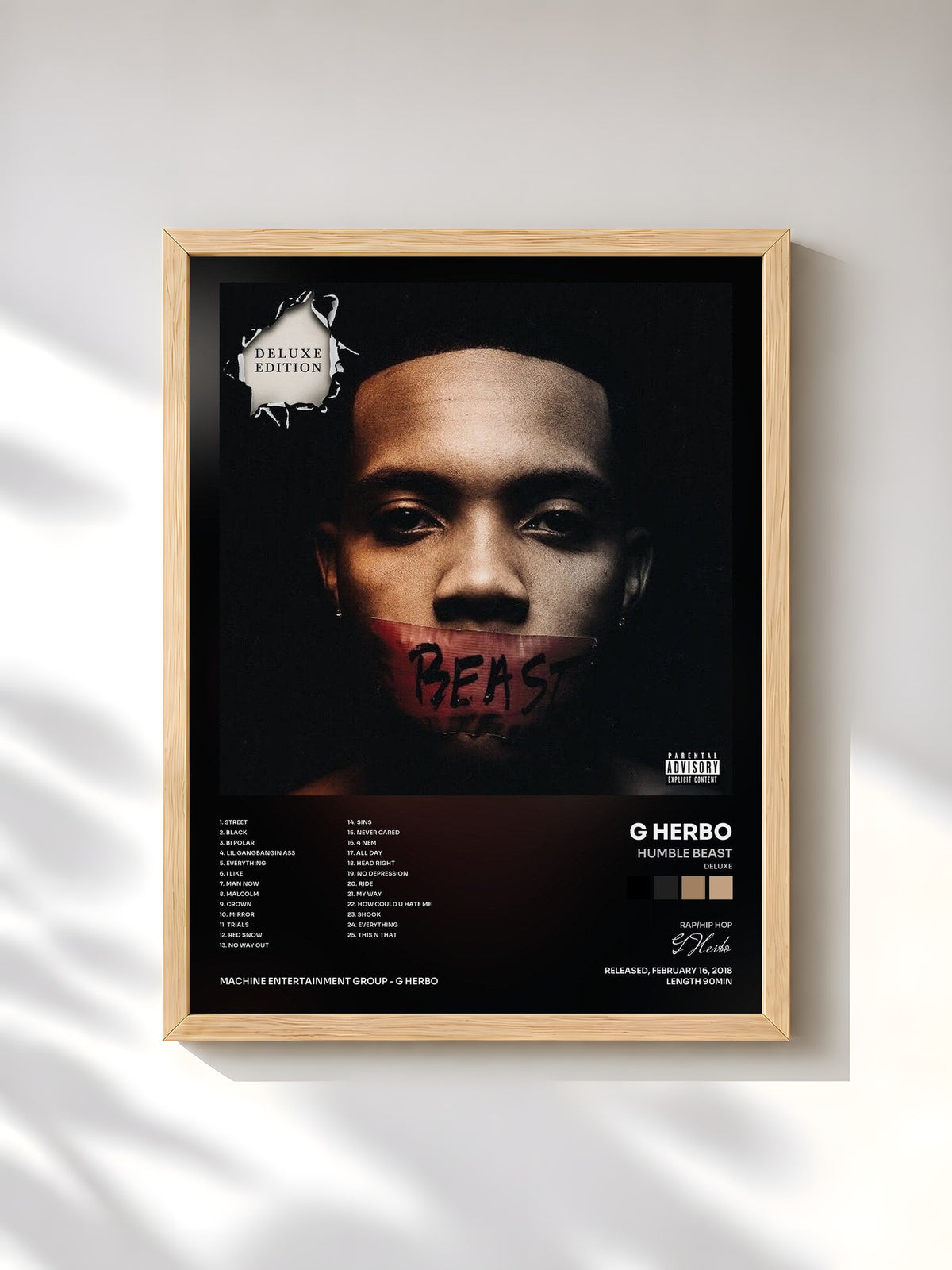 #bois Tableau de l'album Humble Beast (Deluxe) de G Herbo, cadre en bois brut, imprimé et encadré en France