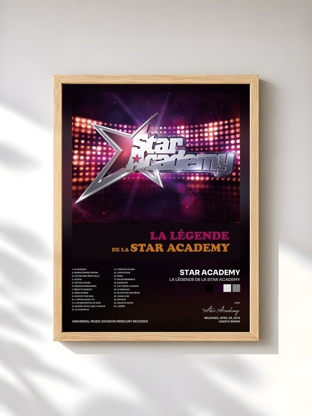 #bois Tableau de l'album La Légende De La Star Academy de Star Academy, cadre en bois brut, imprimé et encadré en France
