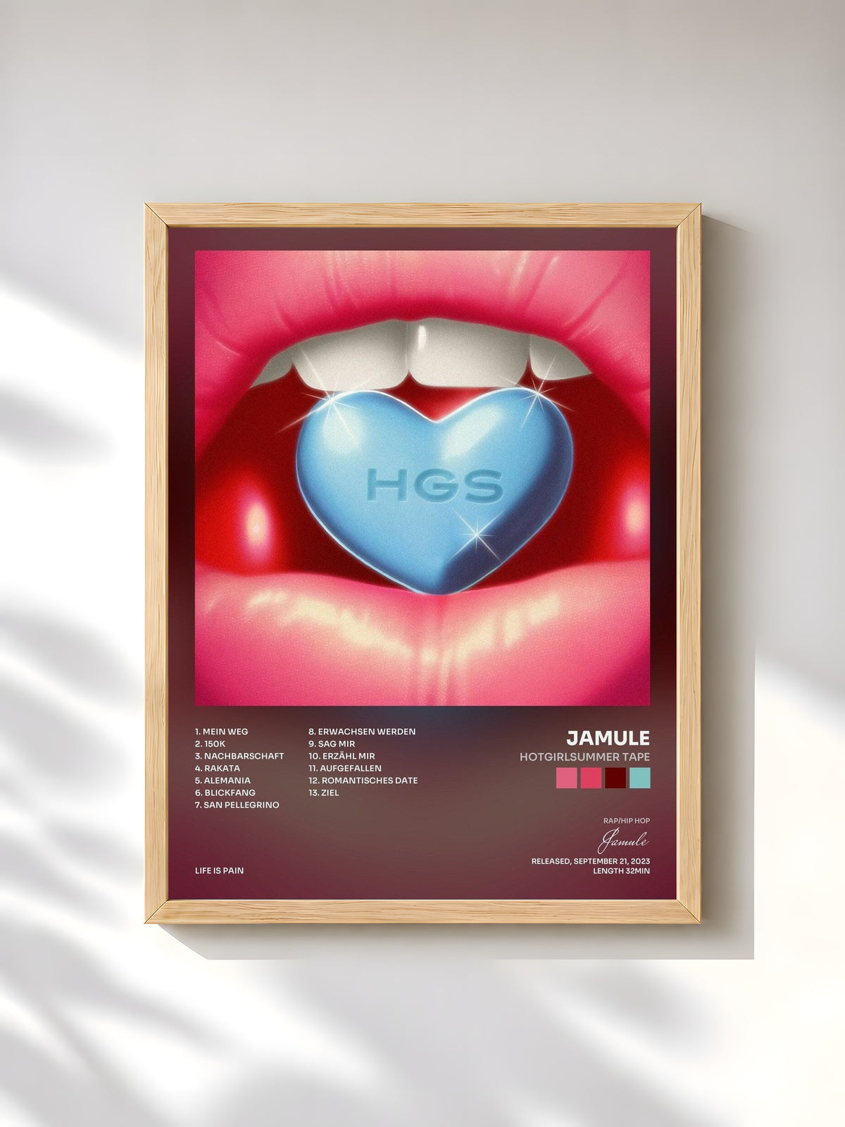 #bois Tableau de l'album HOTGIRLSUMMER TAPE de Jamule, cadre en bois brut, imprimé et encadré en France