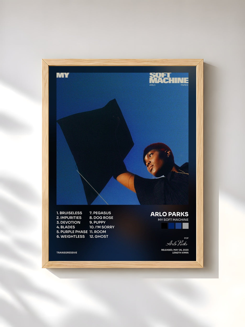 #bois Tableau de l'album My Soft Machine de Arlo Parks, cadre en bois brut, imprimé et encadré en France