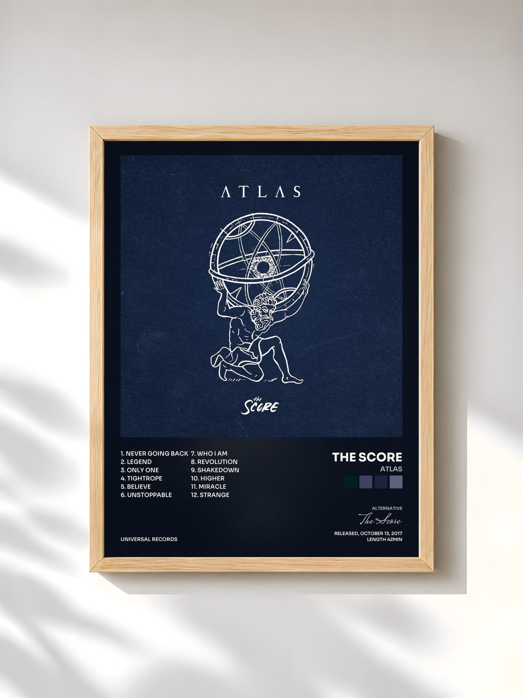#bois Tableau de l'album ATLAS de The Score, cadre en bois brut, imprimé et encadré en France