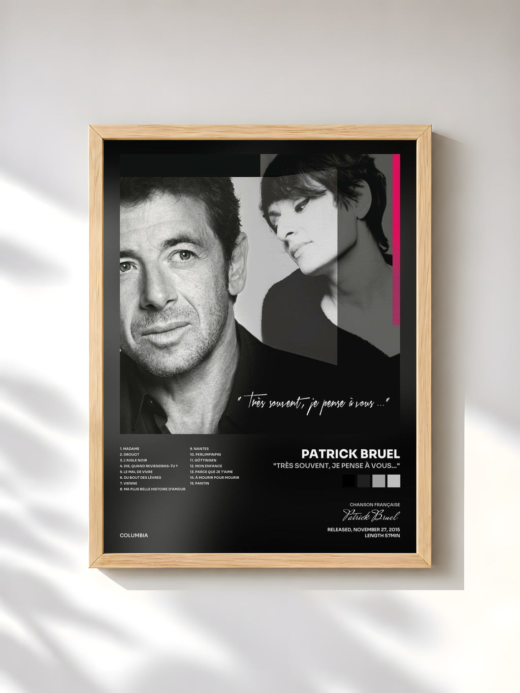 #bois Tableau de l'album "Très souvent, je pense à vous..." de Patrick Bruel, cadre en bois brut, imprimé et encadré en France