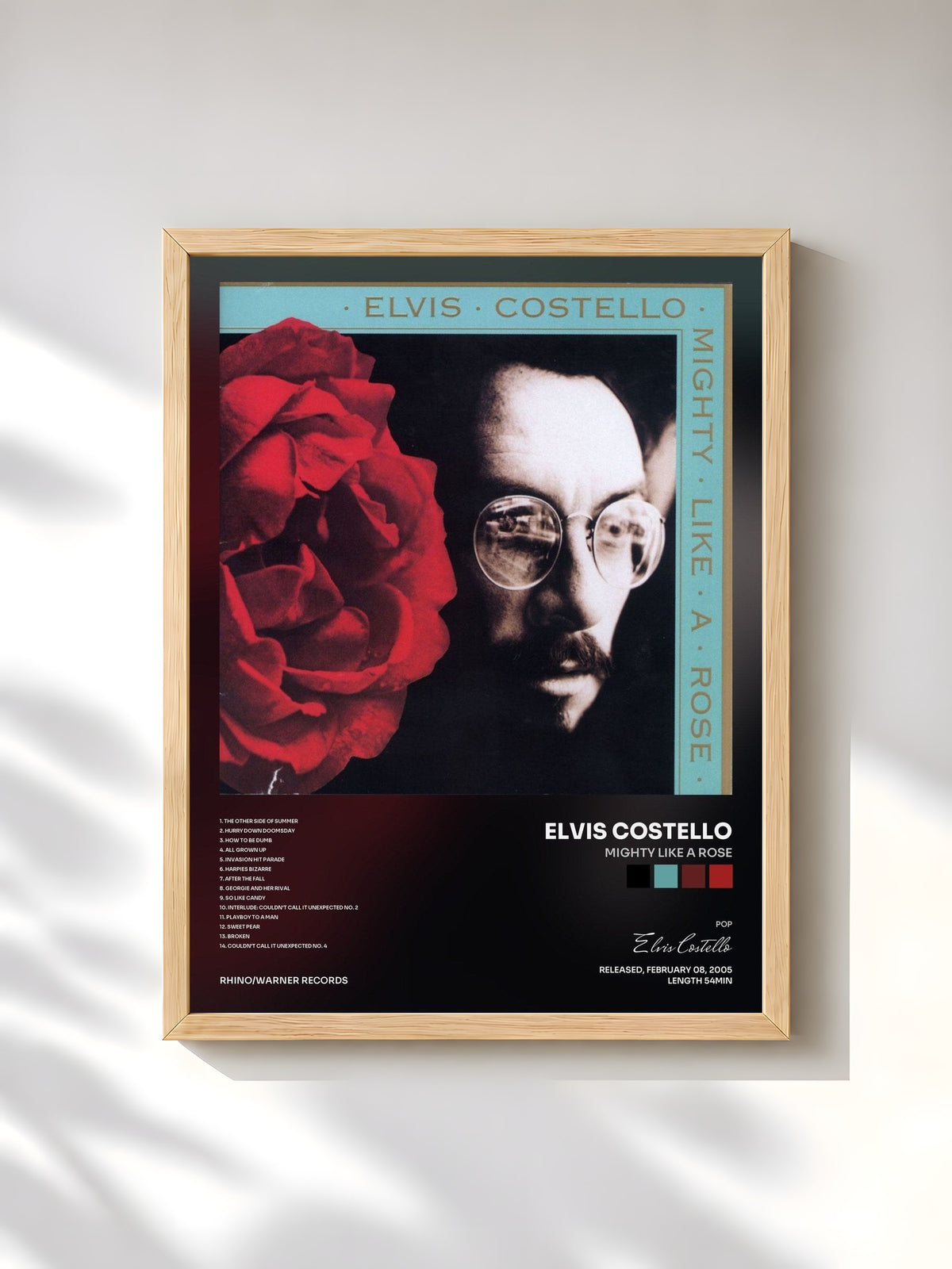 #bois Tableau de l'album Mighty Like A Rose de Elvis Costello, cadre en bois brut, imprimé et encadré en France