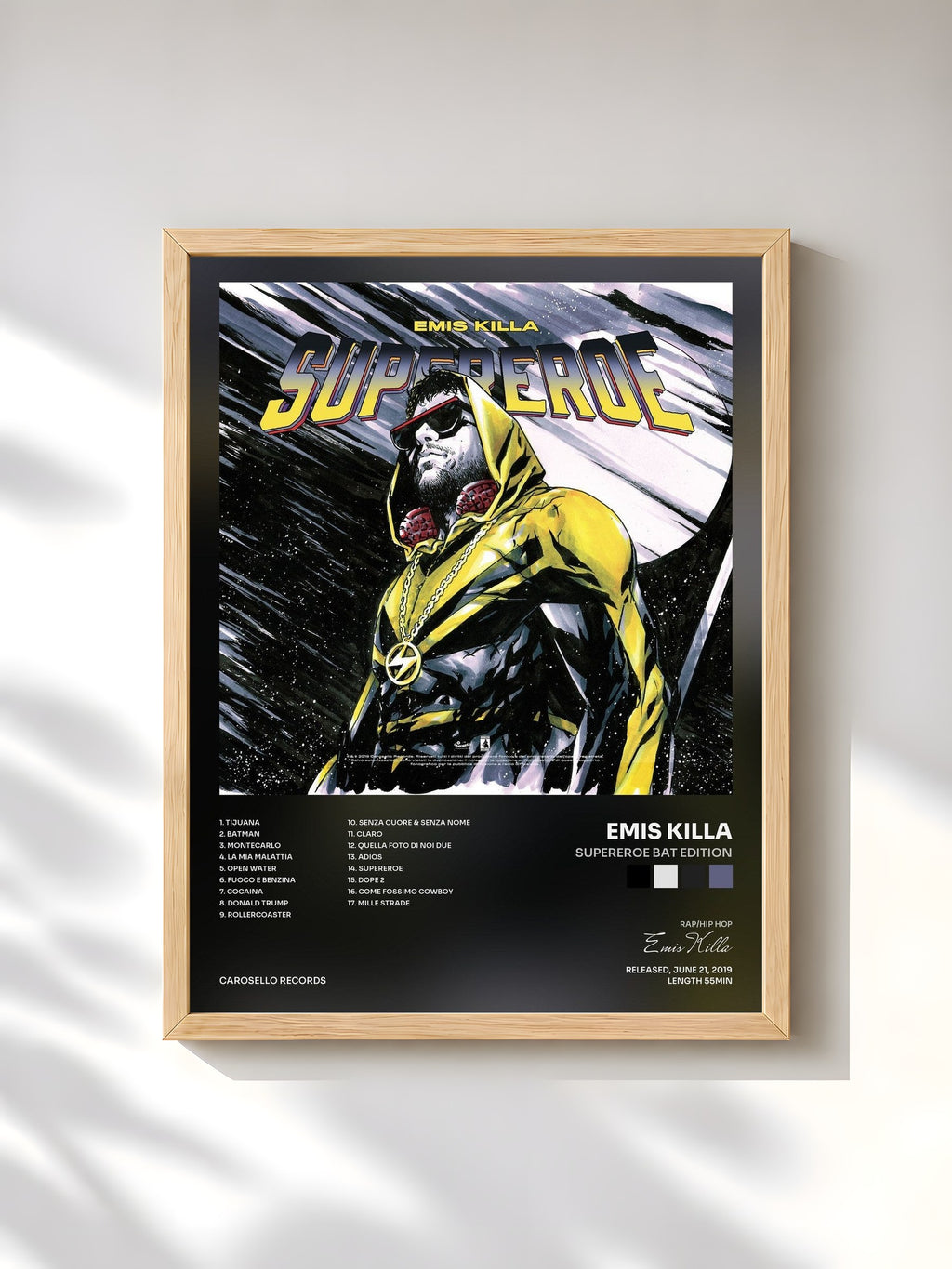 #bois Tableau de l'album Supereroe Bat Edition de Emis Killa, cadre en bois brut, imprimé et encadré en France