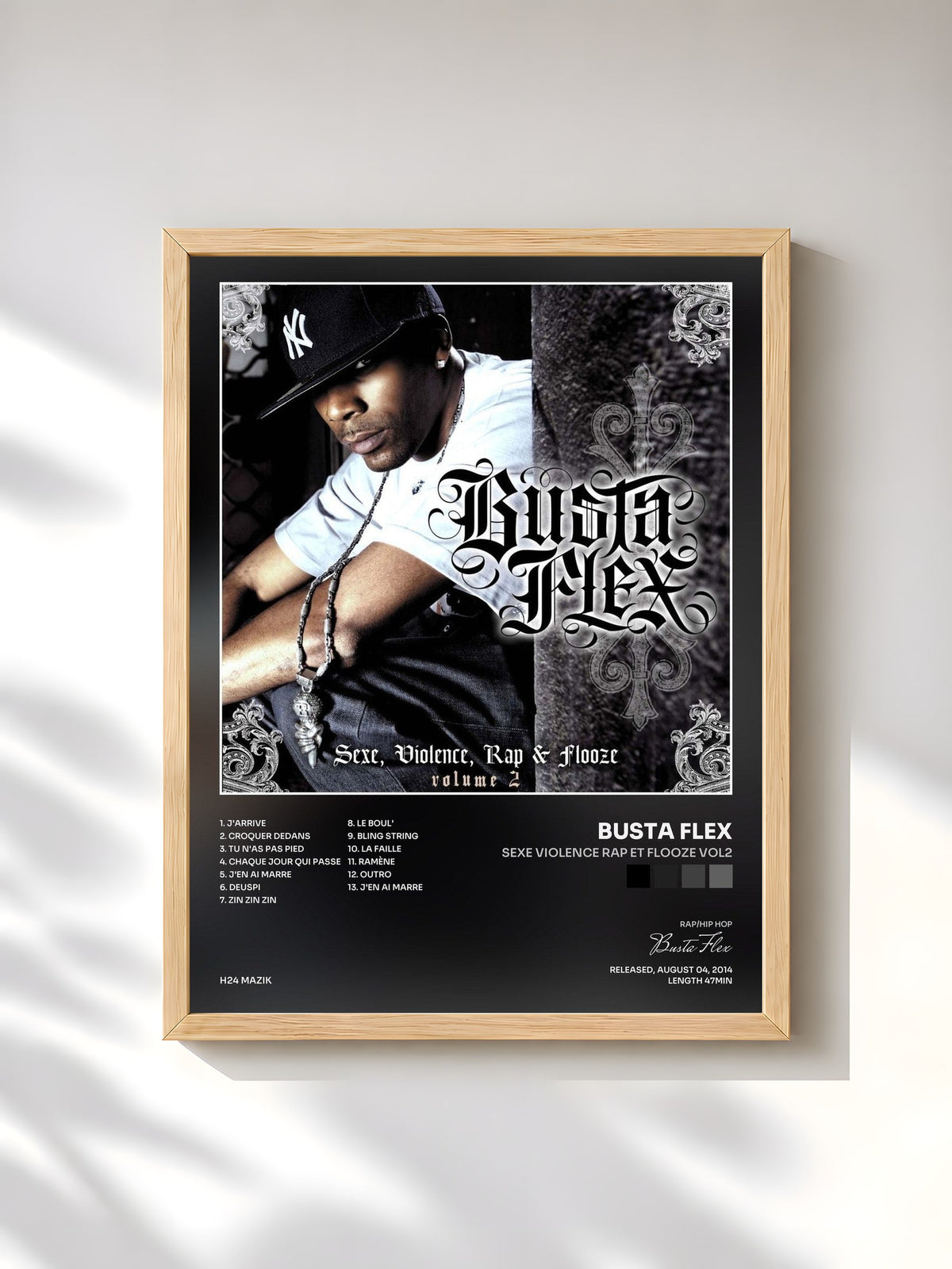 #bois Tableau de l'album Sexe Violence Rap et Flooze Vol2 de Busta Flex, cadre en bois brut, imprimé et encadré en France