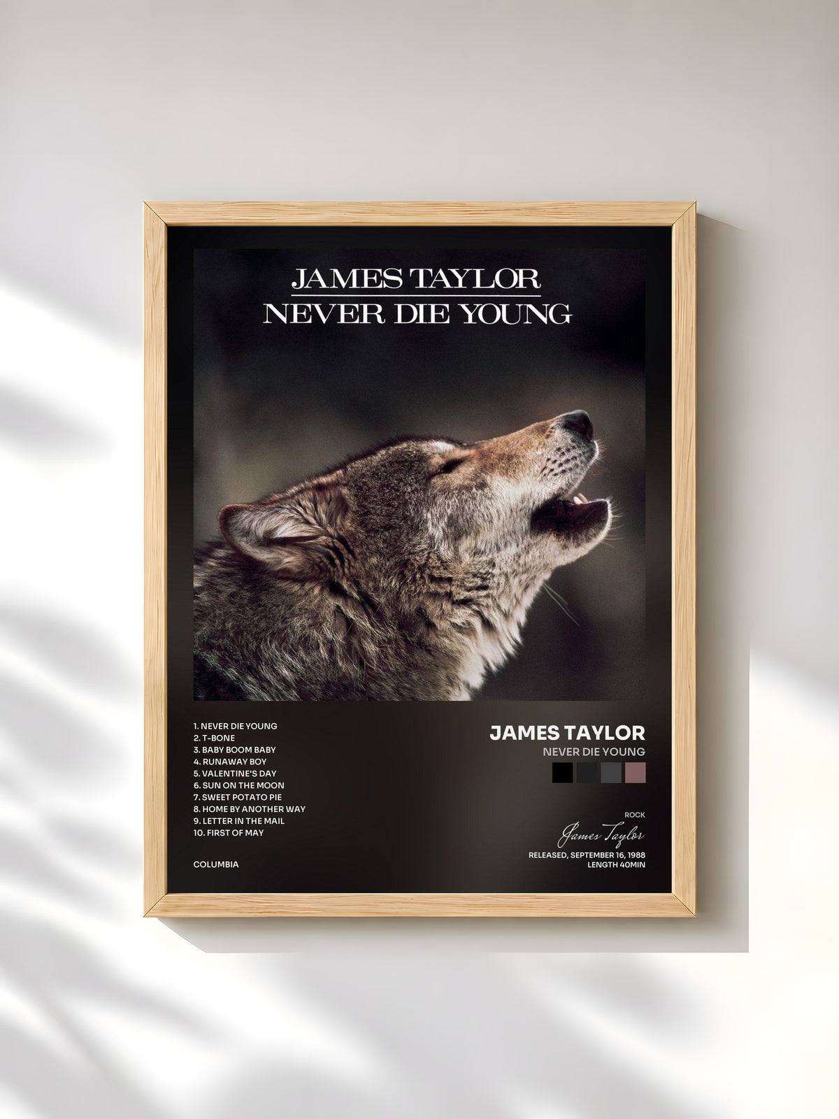 #bois Tableau de l'album Never Die Young de James Taylor, cadre en bois brut, imprimé et encadré en France