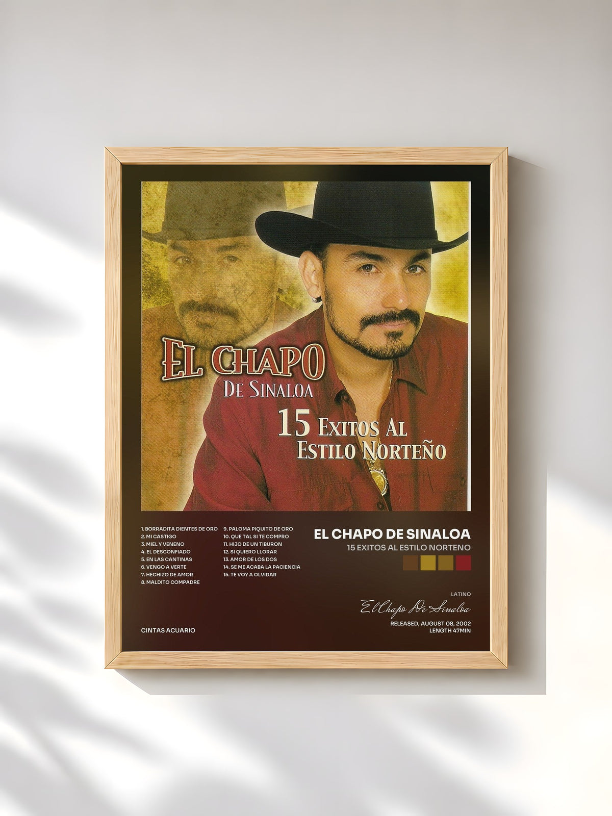 #bois Tableau de l'album 15 Exitos al Estilo Norteno de El Chapo De Sinaloa, cadre en bois brut, imprimé et encadré en France