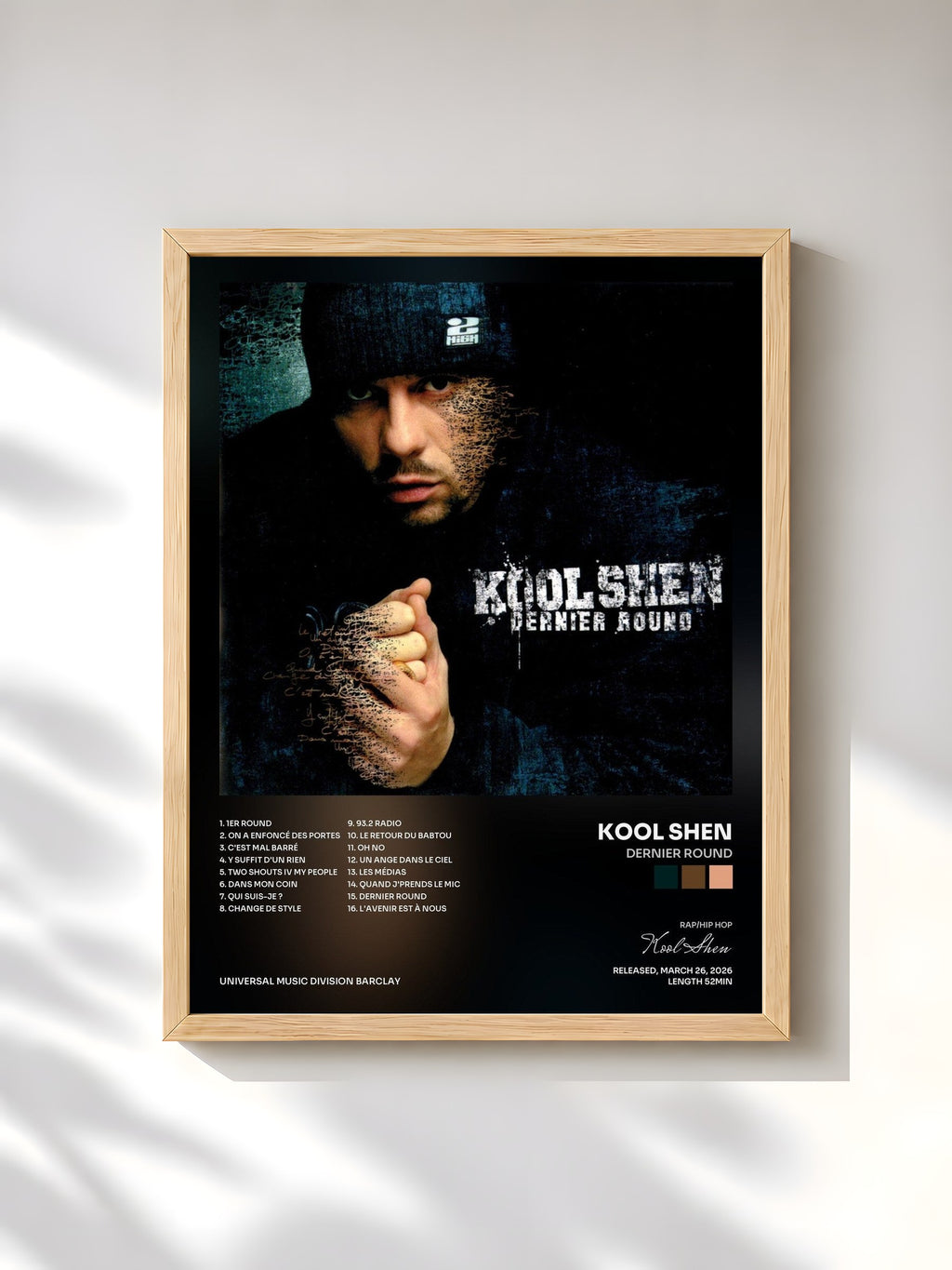 #bois Tableau de l'album Dernier Round de Kool Shen, cadre en bois brut, imprimé et encadré en France