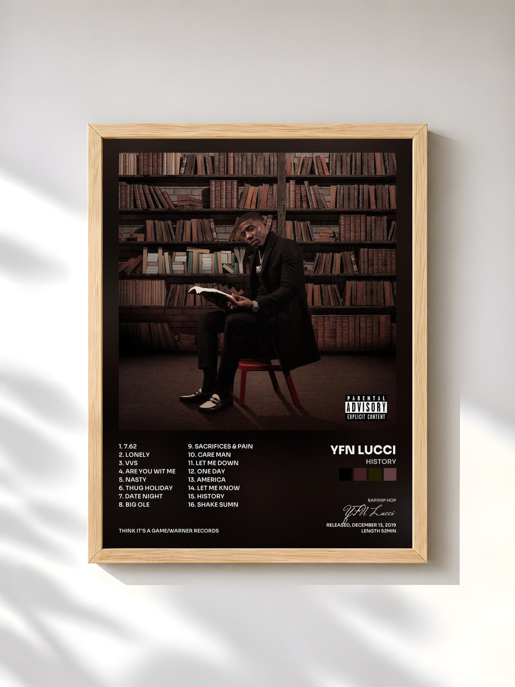 #bois Tableau de l'album HIStory de YFN Lucci, cadre en bois brut, imprimé et encadré en France