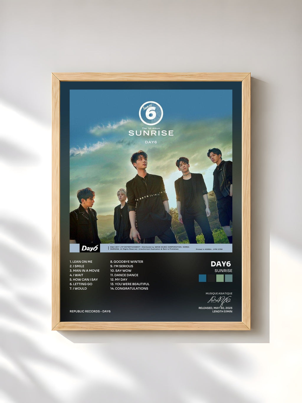 #bois Tableau de l'album SUNRISE de DAY6 , cadre en bois brut, imprimé et encadré en France