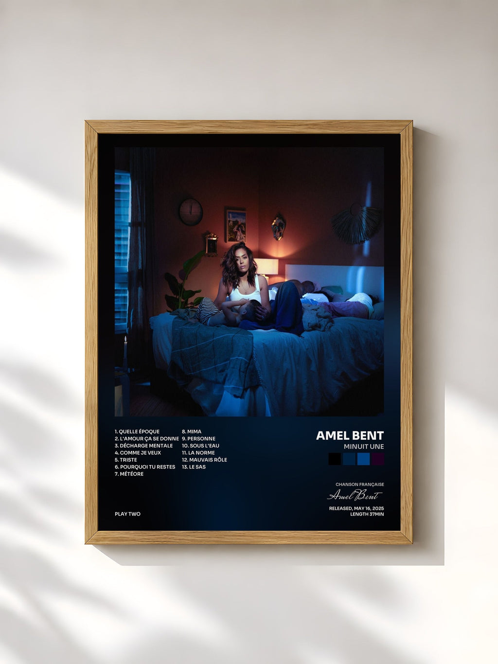 #bois Tableau de l'album MINUIT UNE de Amel Bent, cadre en bois brut, imprimé et encadré en France