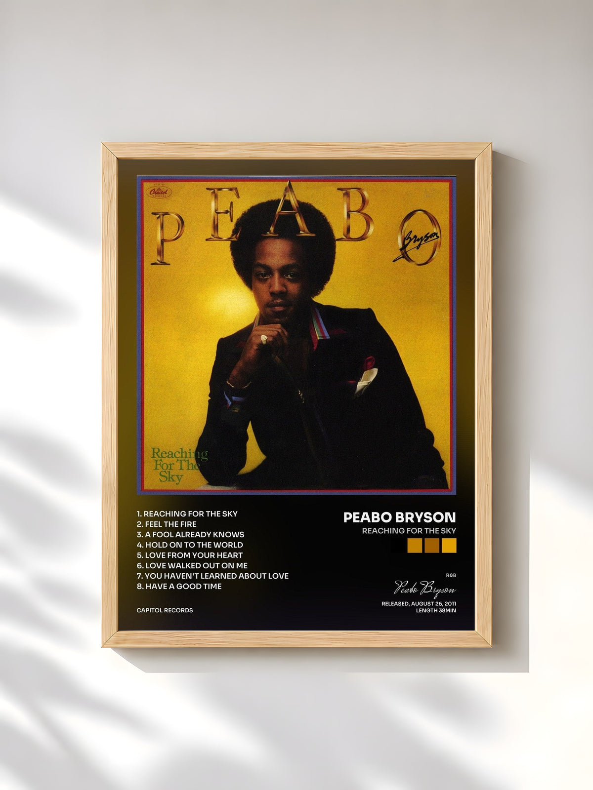 #bois Tableau de l'album Reaching For The Sky de Peabo Bryson, cadre en bois brut, imprimé et encadré en France
