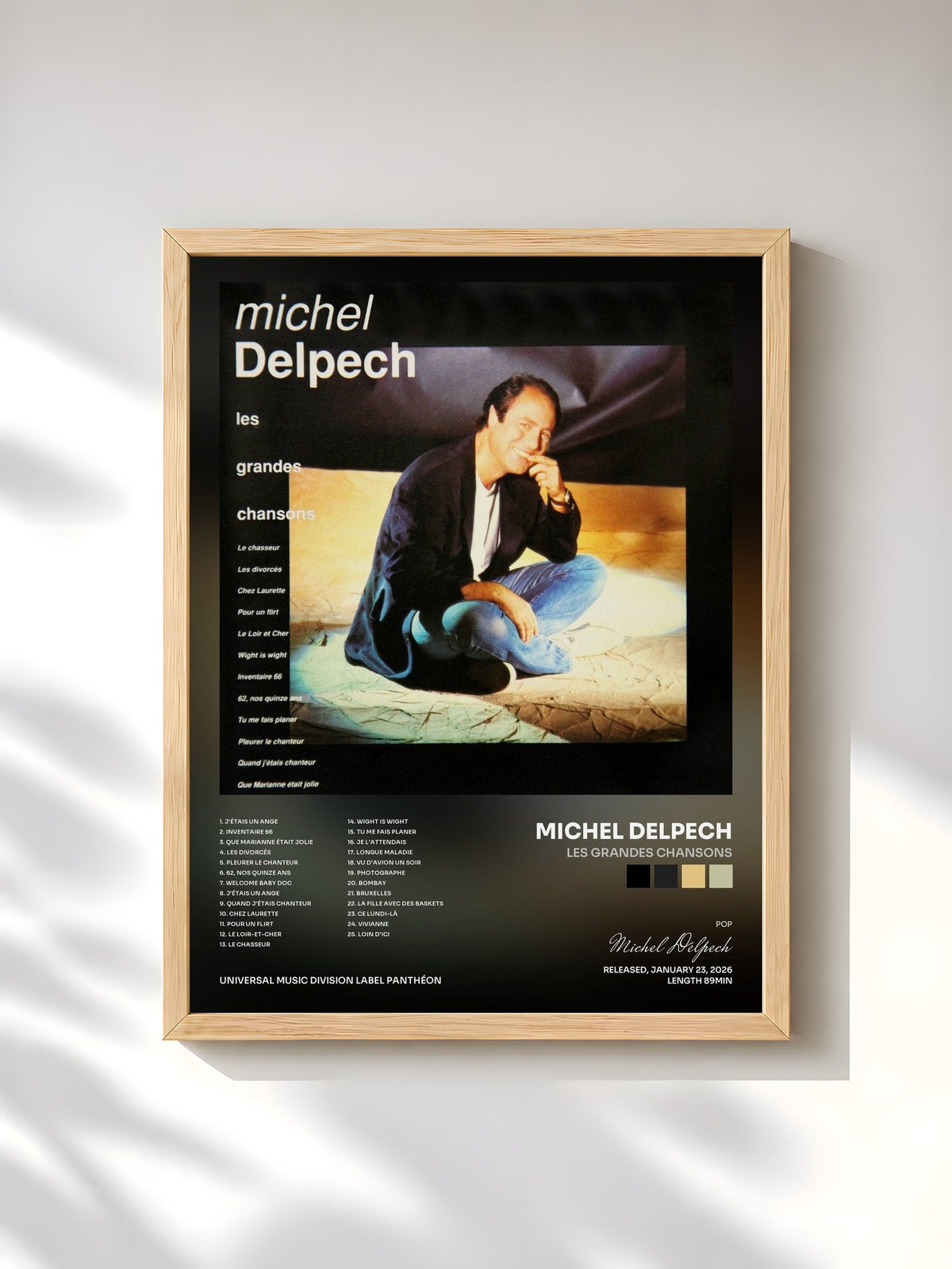 #bois Tableau de l'album Les grandes chansons de Michel Delpech, cadre en bois brut, imprimé et encadré en France