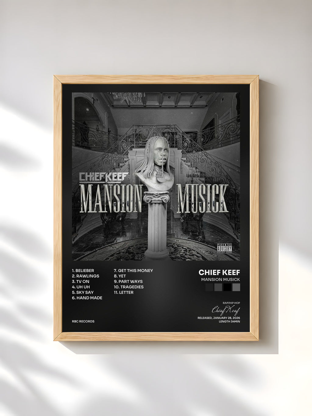 #bois Tableau de l'album Mansion Musick de Chief Keef, cadre en bois brut, imprimé et encadré en France