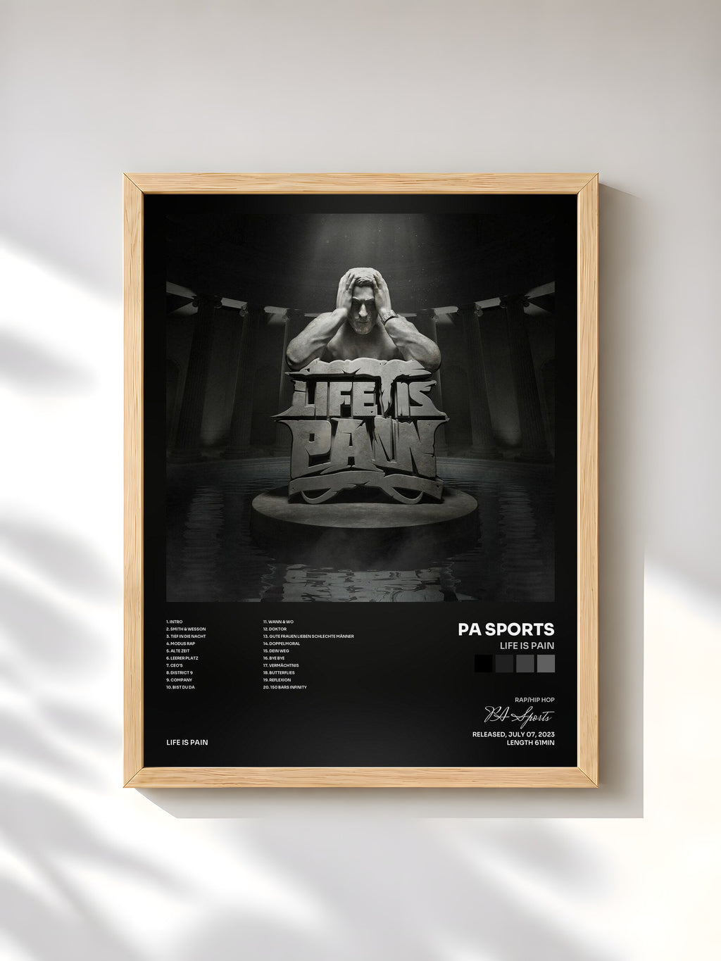 #bois Tableau de l'album LIFE IS PAIN de PA Sports, cadre en bois brut, imprimé et encadré en France