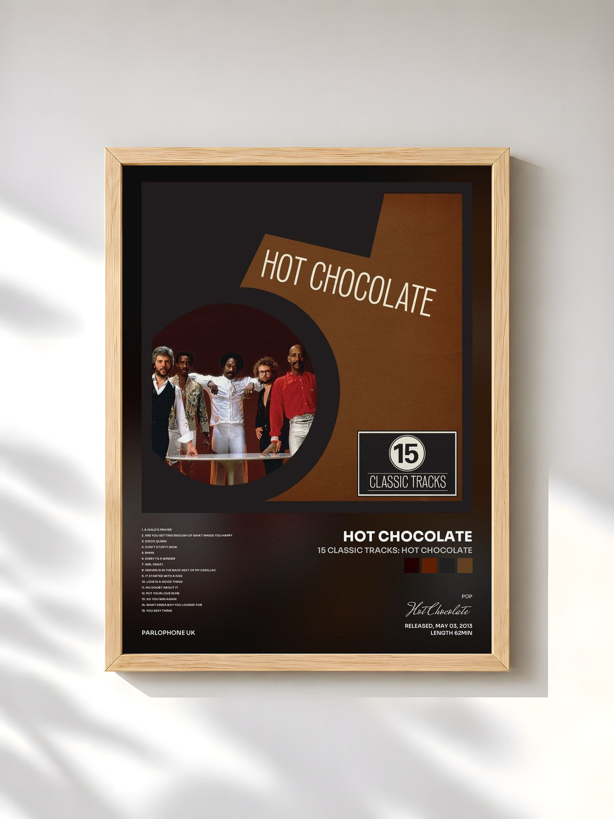 #bois Tableau de l'album 15 Classic Tracks: Hot Chocolate de Hot Chocolate, cadre en bois brut, imprimé et encadré en France