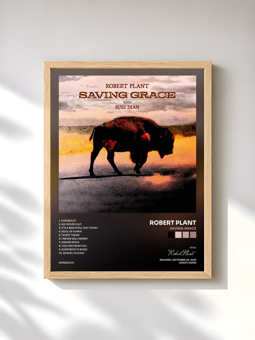 #bois Tableau de l'album Saving Grace de Robert Plant, cadre en bois brut, imprimé et encadré en France