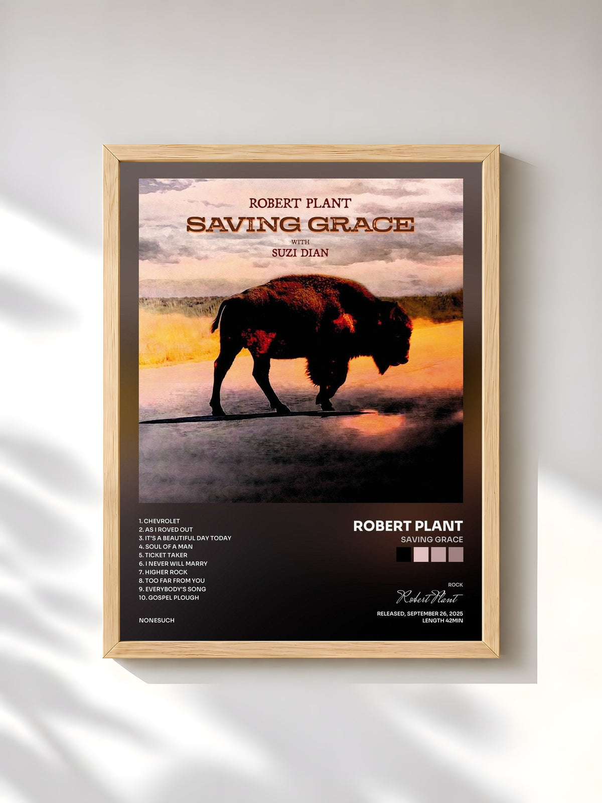 #bois Tableau de l'album Saving Grace de Robert Plant, cadre en bois brut, imprimé et encadré en France