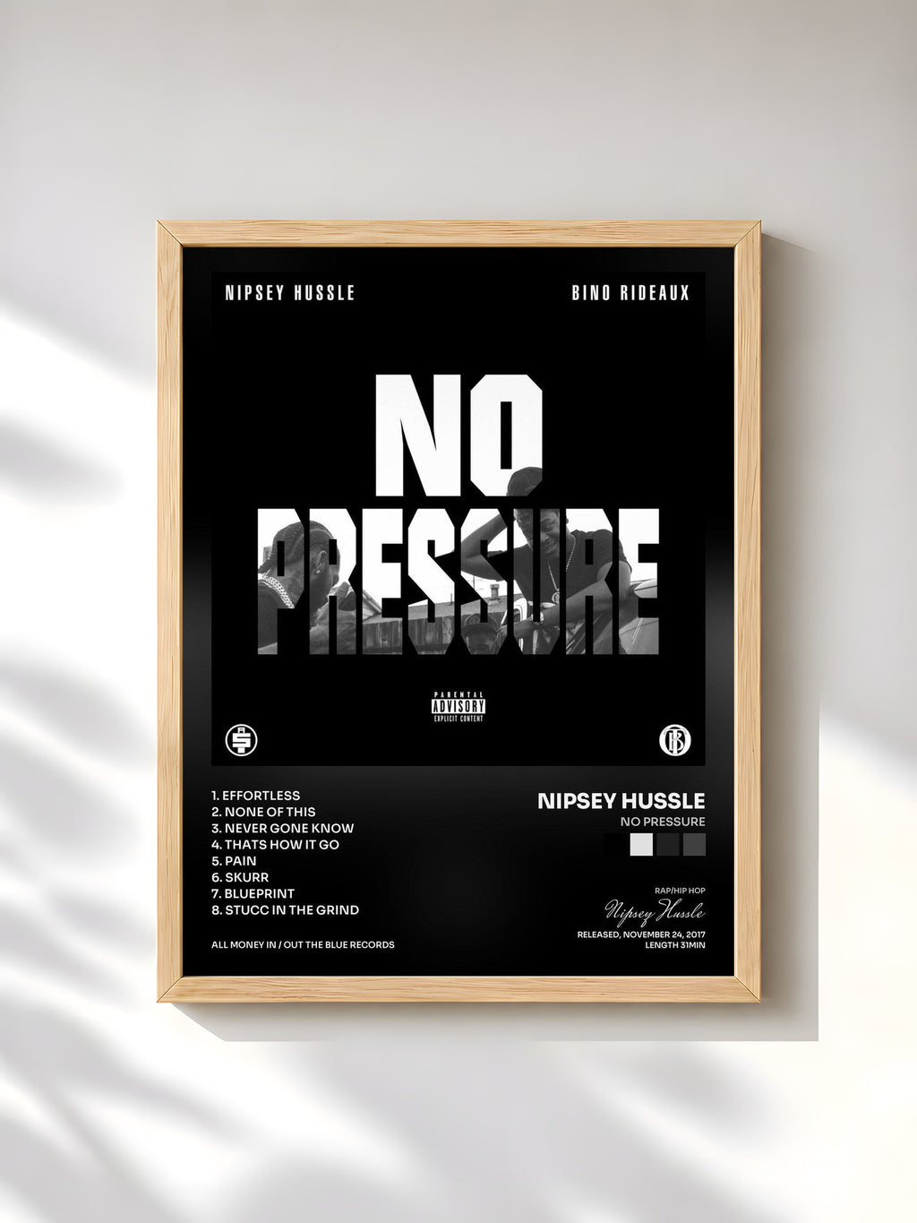 #bois Tableau de l'album No Pressure de Nipsey Hussle, cadre en bois brut, imprimé et encadré en France