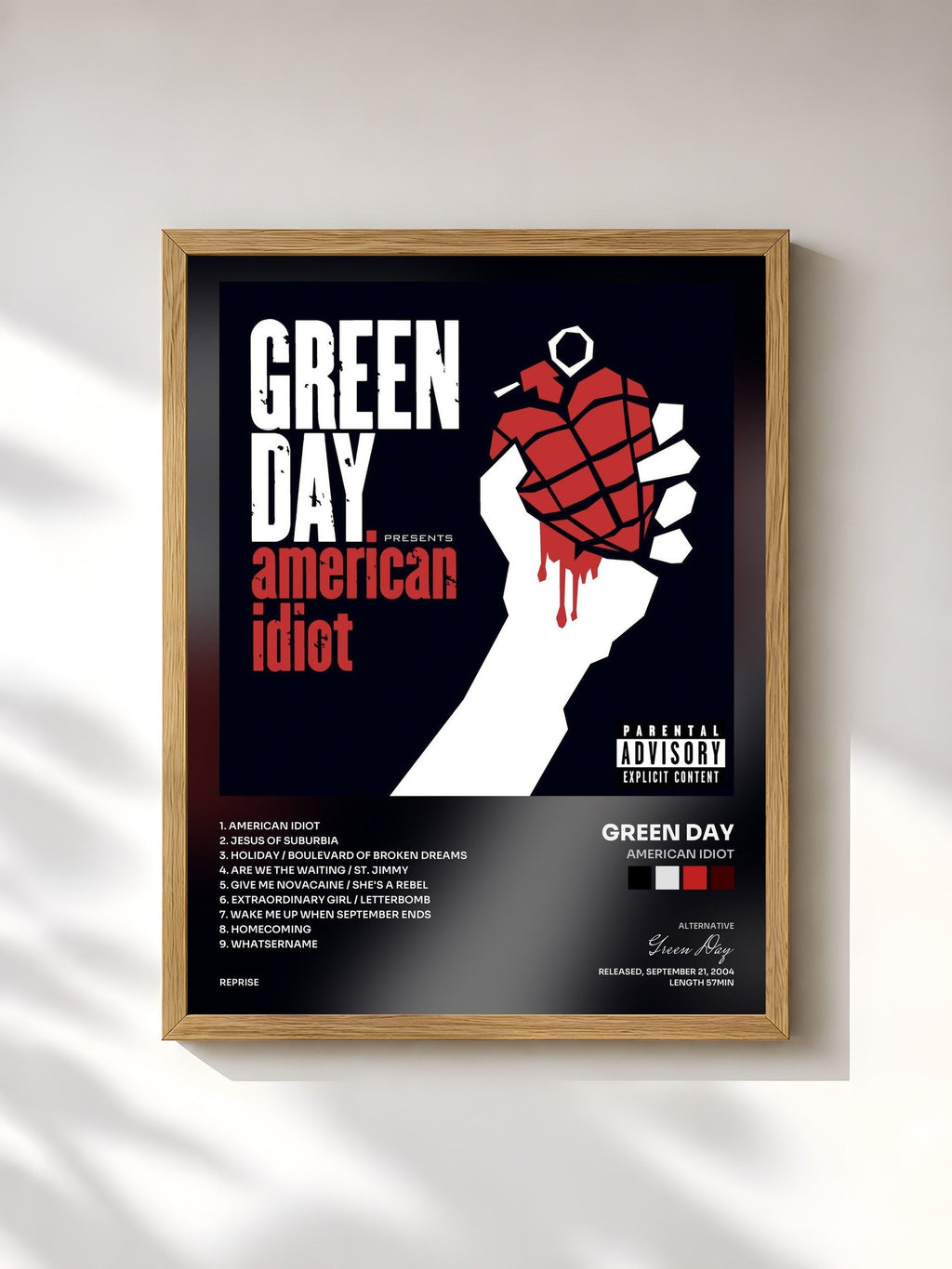 #bois Tableau de l'album American Idiot de Green Day, cadre en bois brut, imprimé et encadré en France