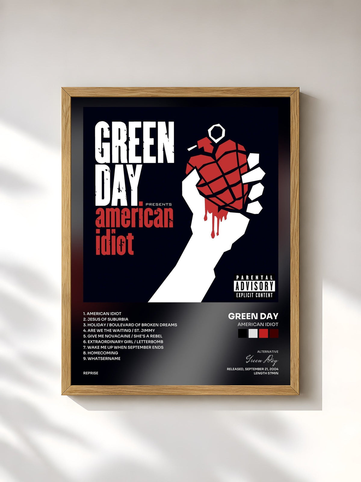 #bois Tableau de l'album American Idiot de Green Day, cadre en bois brut, imprimé et encadré en France