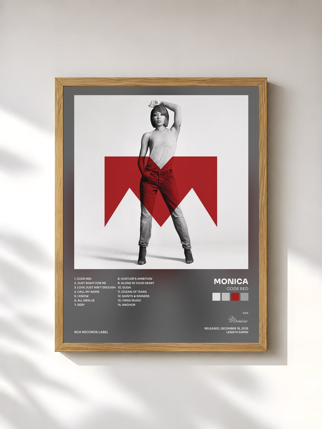 #bois Tableau de l'album Code Red de Monica, cadre en bois brut, imprimé et encadré en France