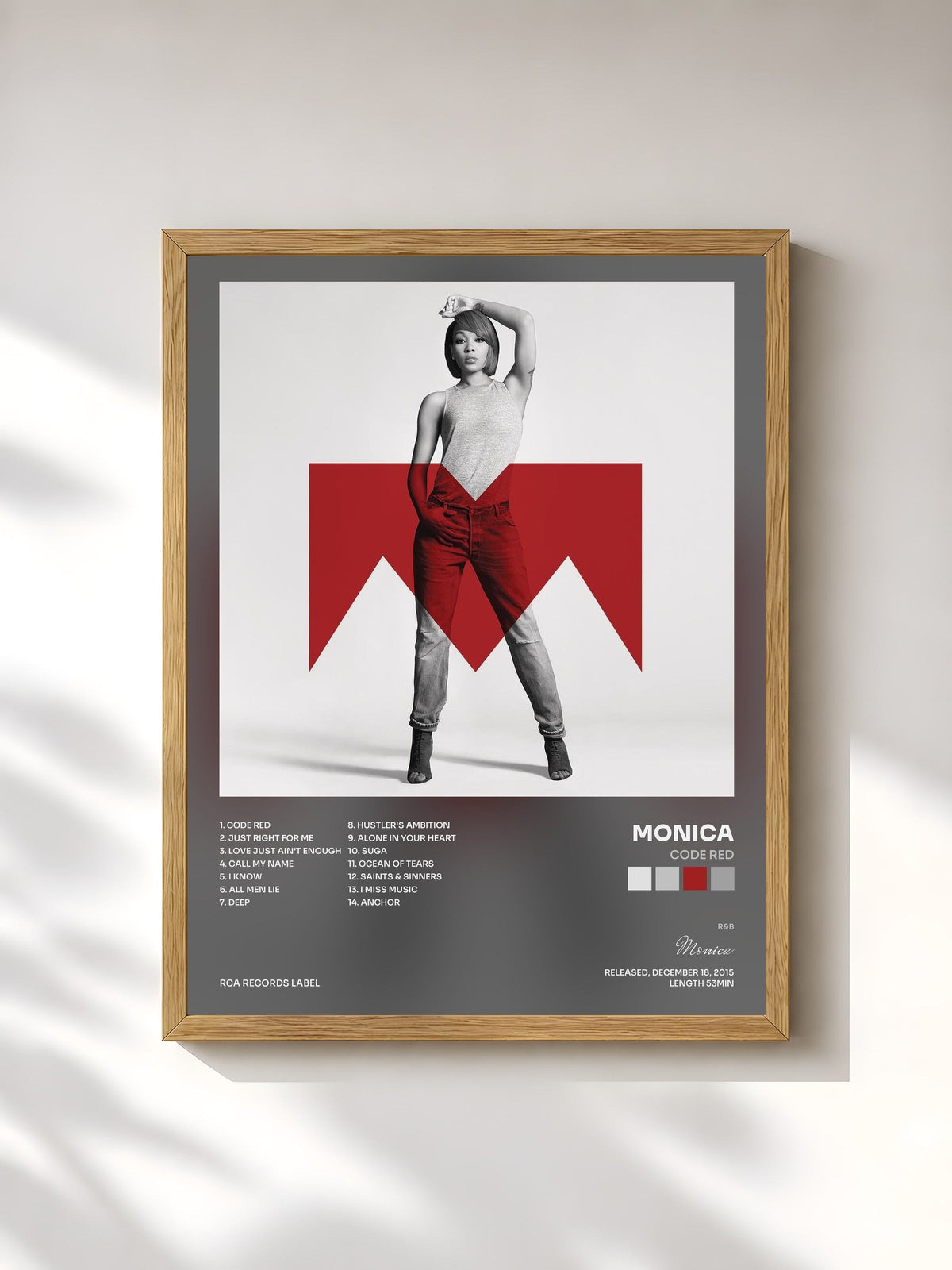 #bois Tableau de l'album Code Red de Monica, cadre en bois brut, imprimé et encadré en France