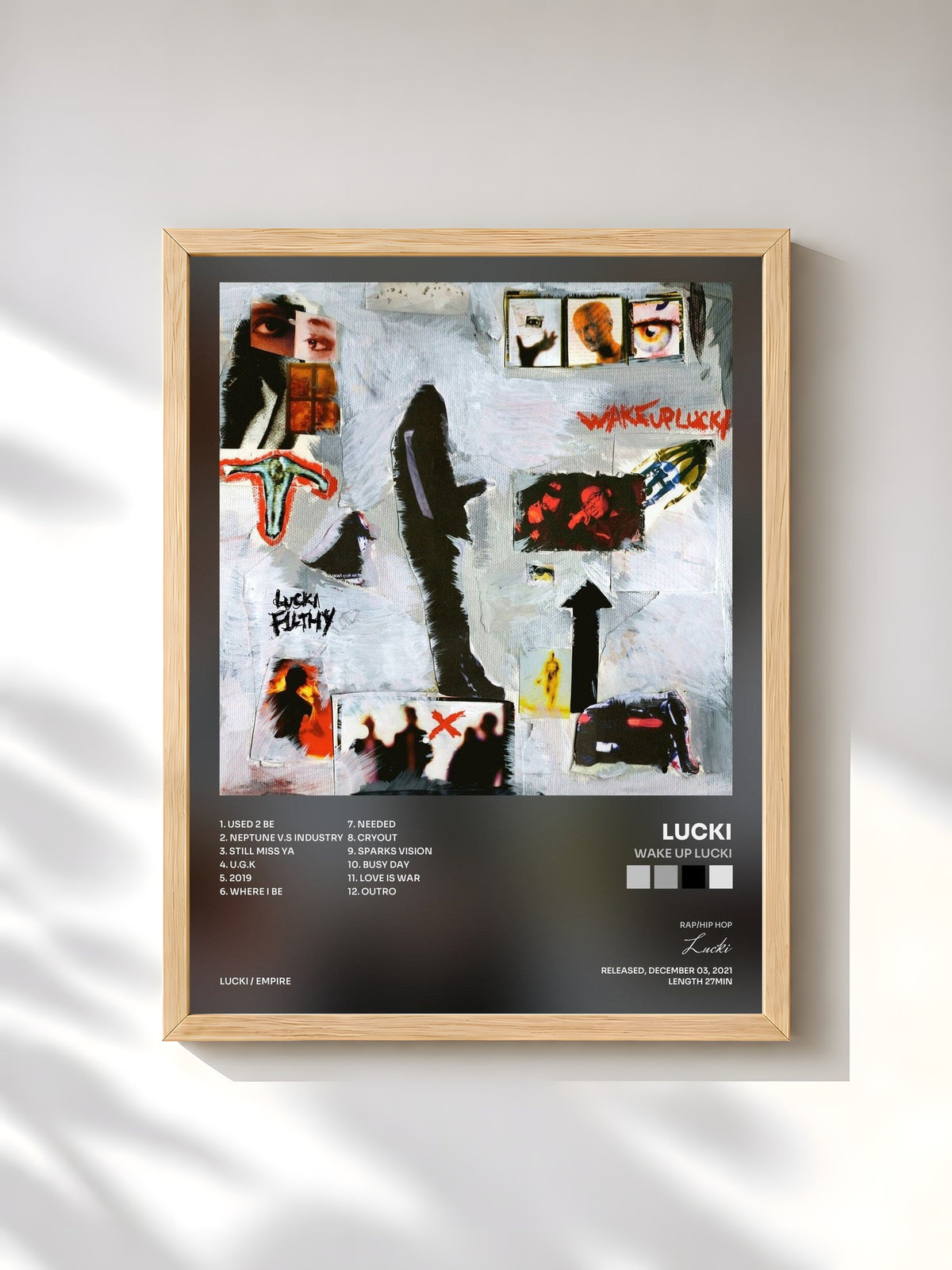 #bois Tableau de l'album WAKE UP LUCKI de Lucki, cadre en bois brut, imprimé et encadré en France