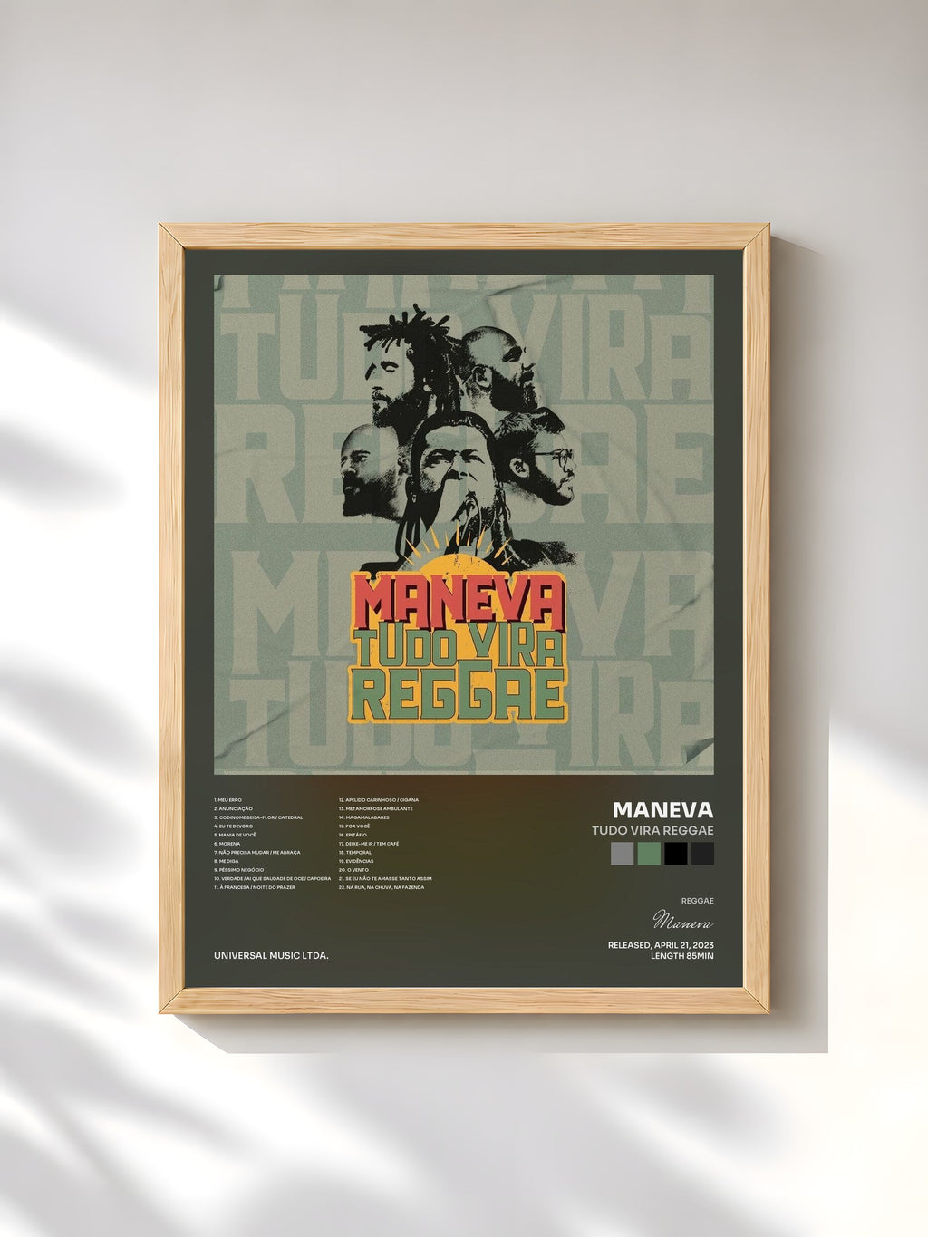 #bois Tableau de l'album Tudo Vira Reggae de Maneva, cadre en bois brut, imprimé et encadré en France