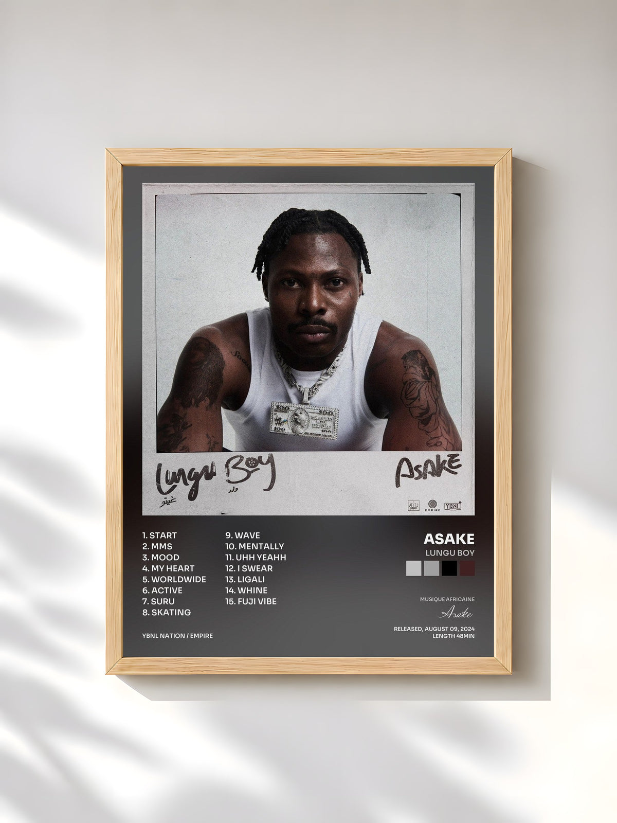 #bois Tableau de l'album Lungu Boy de Asake, cadre en bois brut, imprimé et encadré en France