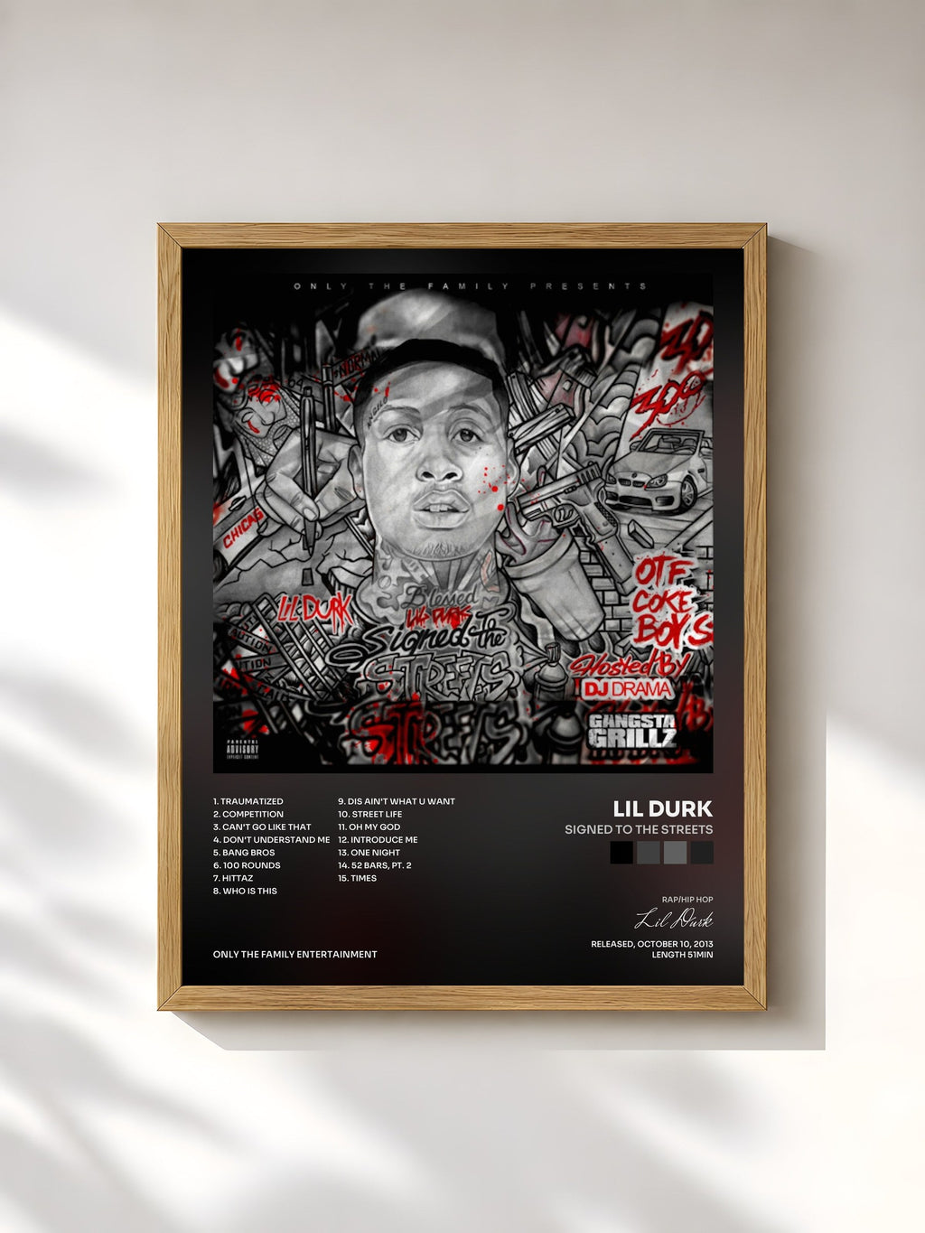 #bois Tableau de l'album Signed to the Streets de Lil Durk, cadre en bois brut, imprimé et encadré en France