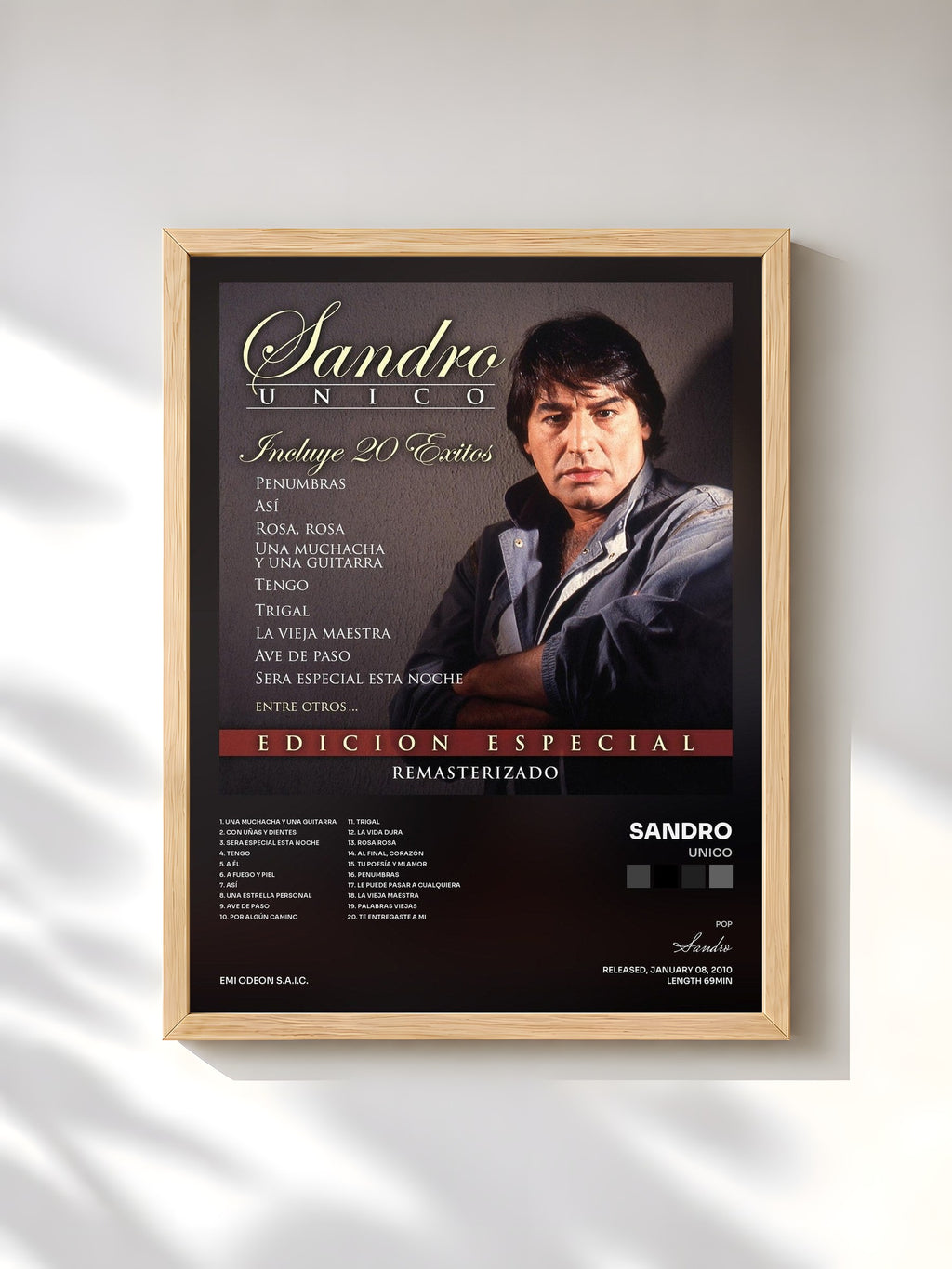 #bois Tableau de l'album Unico de Sandro, cadre en bois brut, imprimé et encadré en France