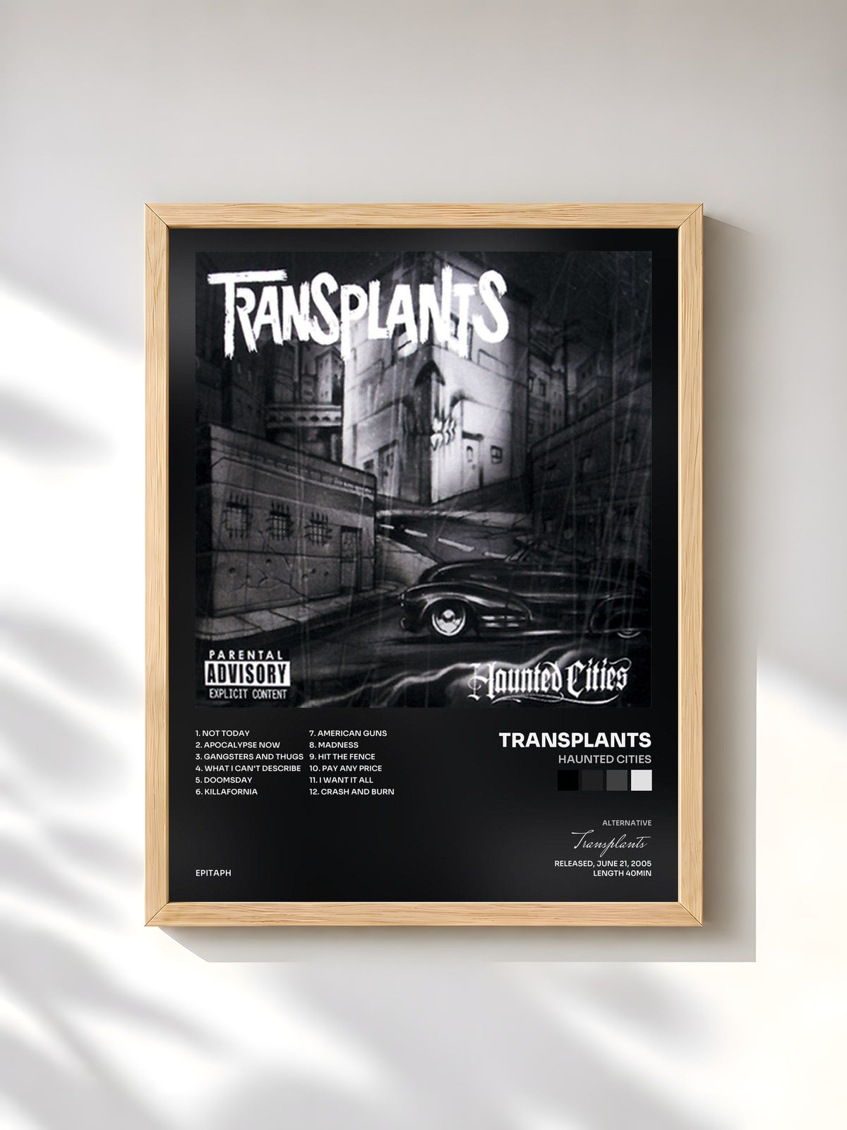 #bois Tableau de l'album Haunted Cities de Transplants, cadre en bois brut, imprimé et encadré en France
