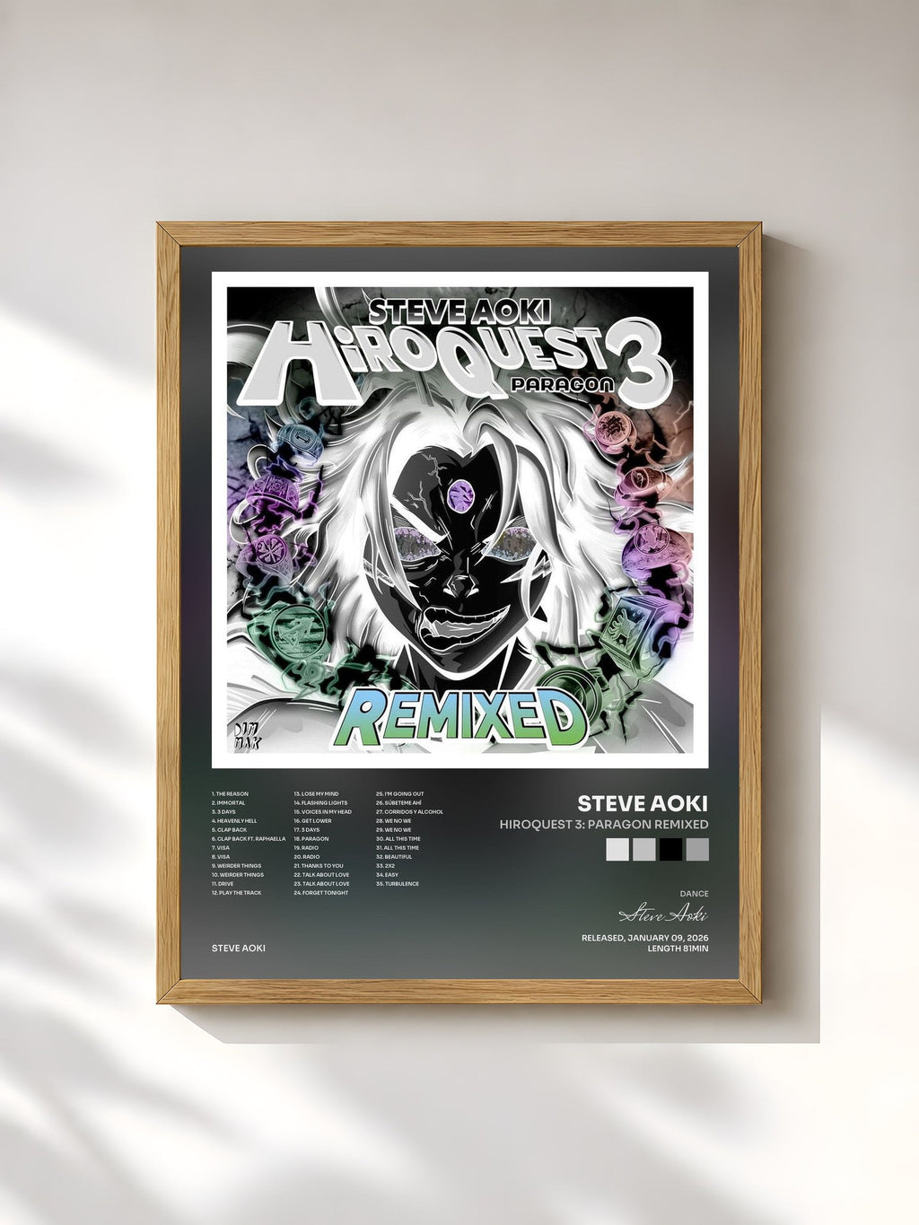 #bois Tableau de l'album HiROQUEST 3: Paragon Remixed de Steve Aoki, cadre en bois brut, imprimé et encadré en France